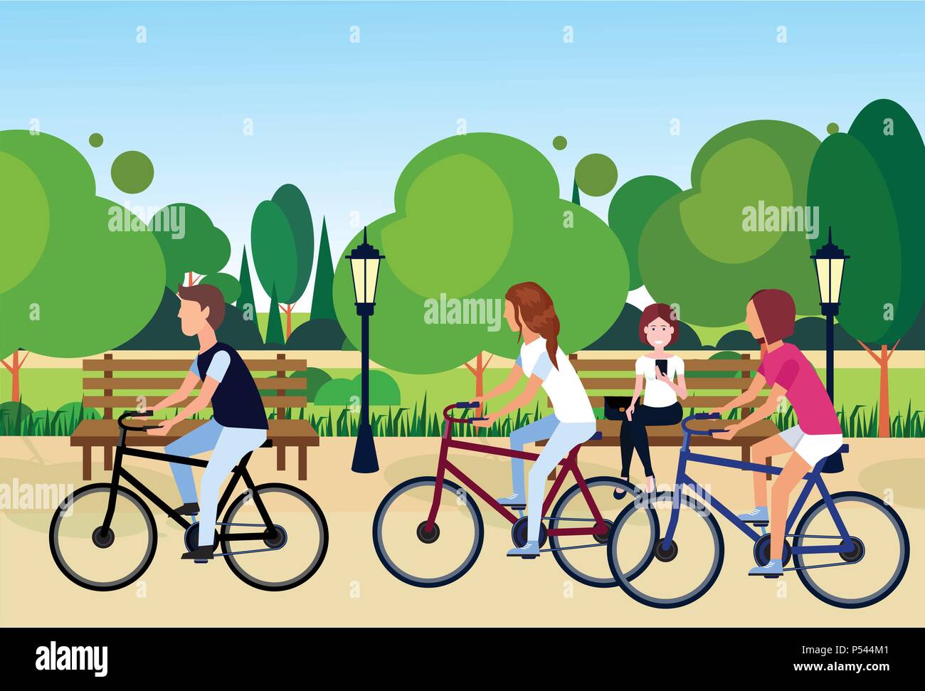 Pubblico parco urbano donna seduta panca in legno all'esterno Passeggiate Ciclismo prato verde di alberi natura modello piatto di sfondo Illustrazione Vettoriale