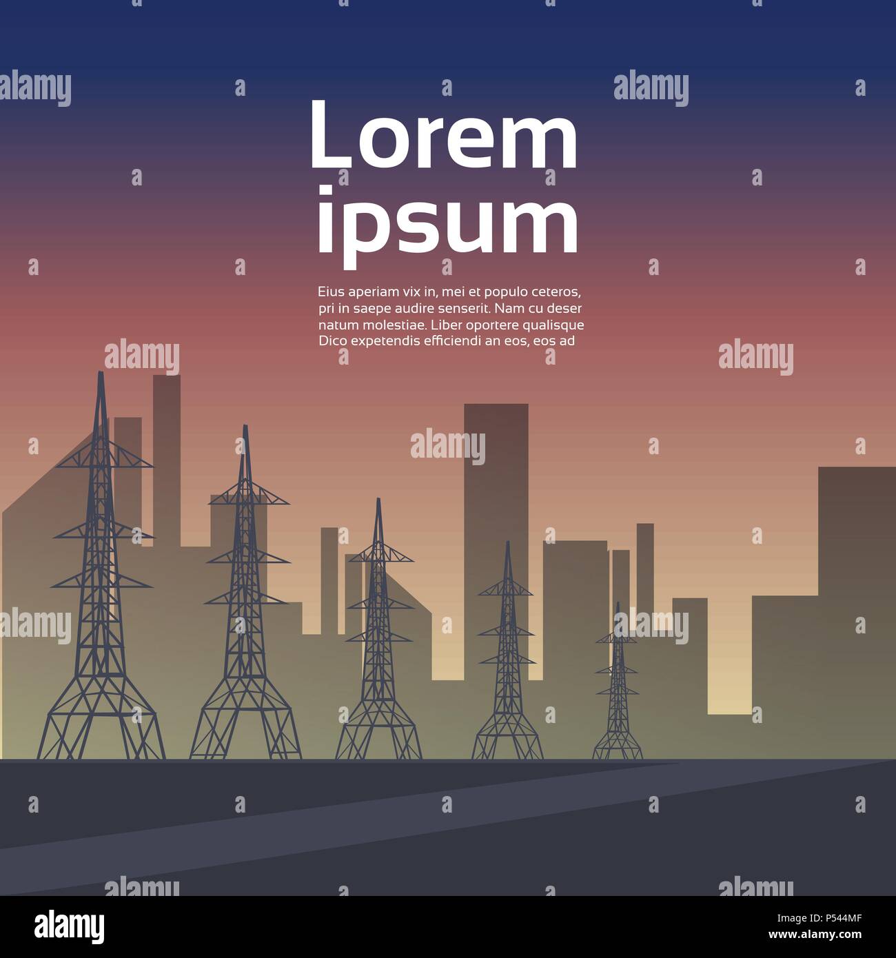 Trasmissione della potenza elettrica, linee ad alta tensione fornisce energia elettrica alla città, piatto cpace di copia Illustrazione Vettoriale