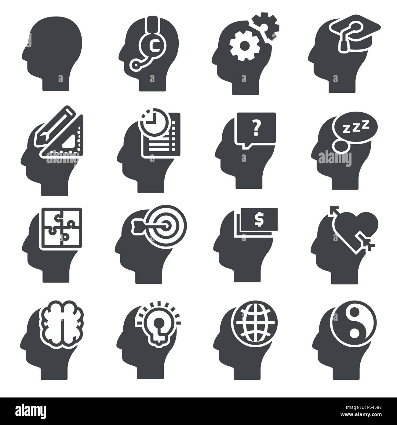 Set di icone della mente umana processo, persone che pensano, cervello, salute mentale. Illustrazione Vettoriale