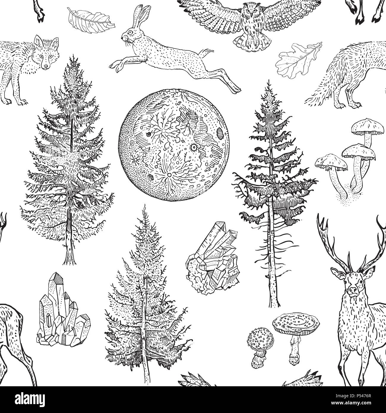 Luna piena magic seamless pattern. Pino, abete, funghi, fox, lepre, cervi, foglie, cristalli. Disegnato a mano tatuaggio vintage stile di incisione illustrazione vettoriale nero su bianco. Natura e fantasia, boho. Illustrazione Vettoriale