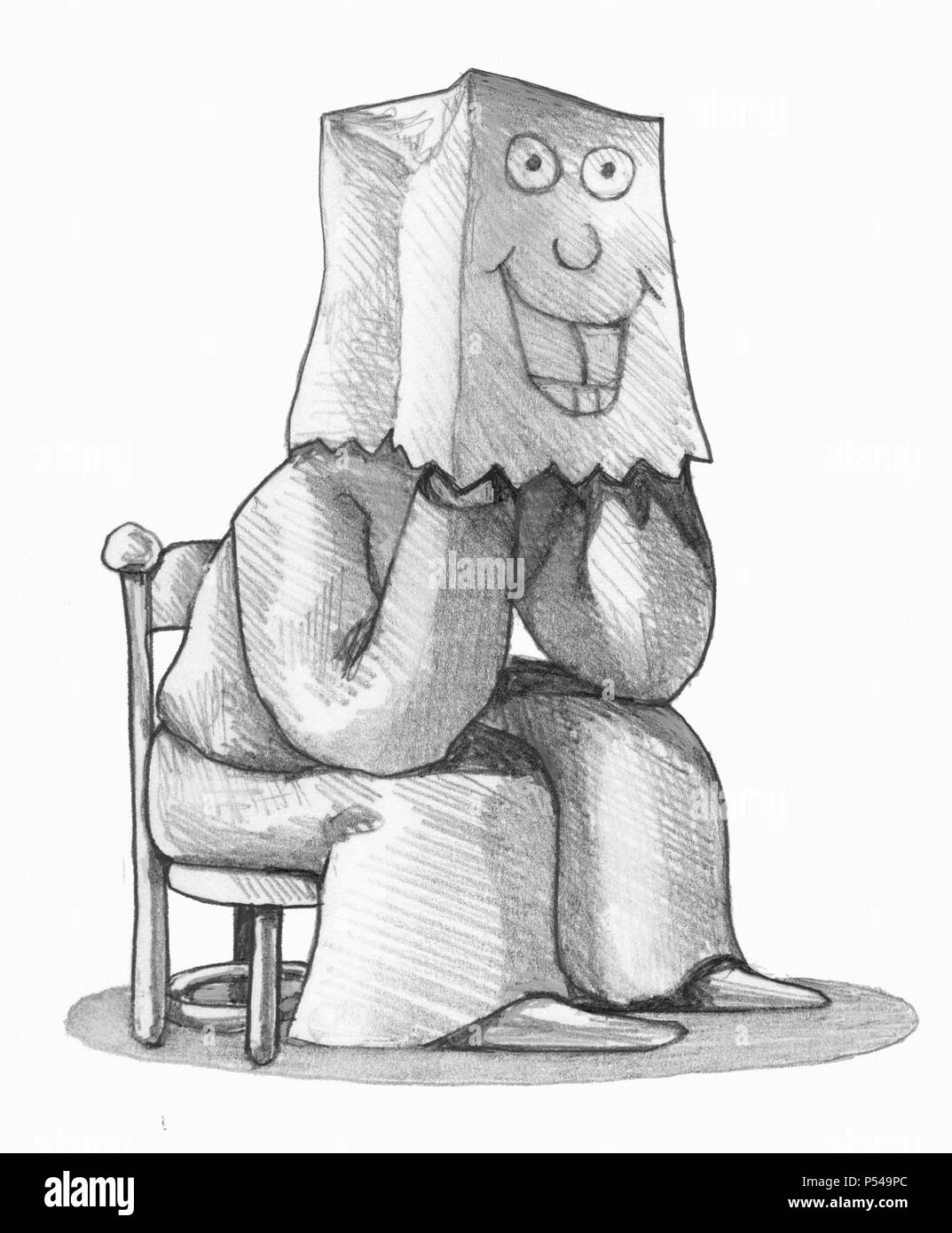 Triste uomo nasconde il volto in un sacchetto di carta sulla quale è dipinta la faccina sorridente Foto Stock