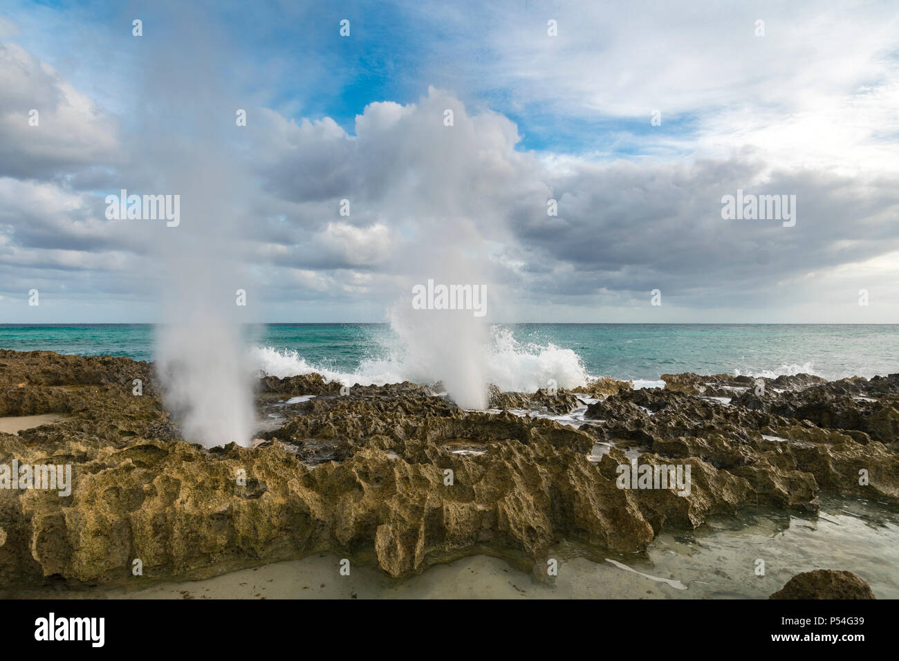 Foro di sfiato nei Caraibi Messicani la spruzzatura di acqua Foto Stock