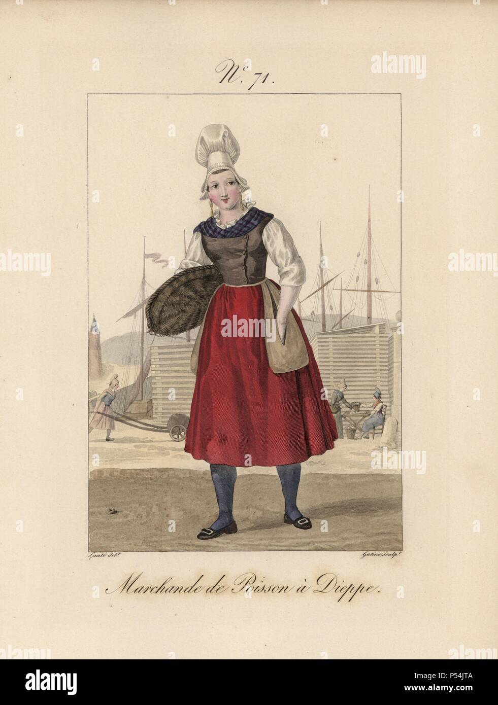 Commerciante di pesce a Dieppe. Tutte le donne al porto indossare short sottovesti. Lo sfondo mostra il molo principale, con diverse navi a montanti e le pile di pallet. Colorate a mano moda illustrazione della piastra da Lante incisi da Gatine da Luigi Lante 'costumi des femmes du Pays de caux, 1827/1885". Con i loro alti pizzo Alsation cappelli, le donne di Caux e Normandia erano famosi per la eleganza e stile. Foto Stock