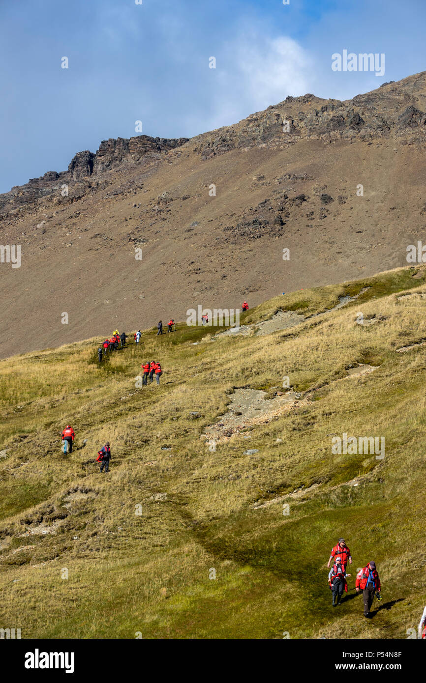 Expedition nave passeggeri escursionismo nei pressi di Shackleton, cascata Shackleton Valley, Isola Georgia del Sud Foto Stock
