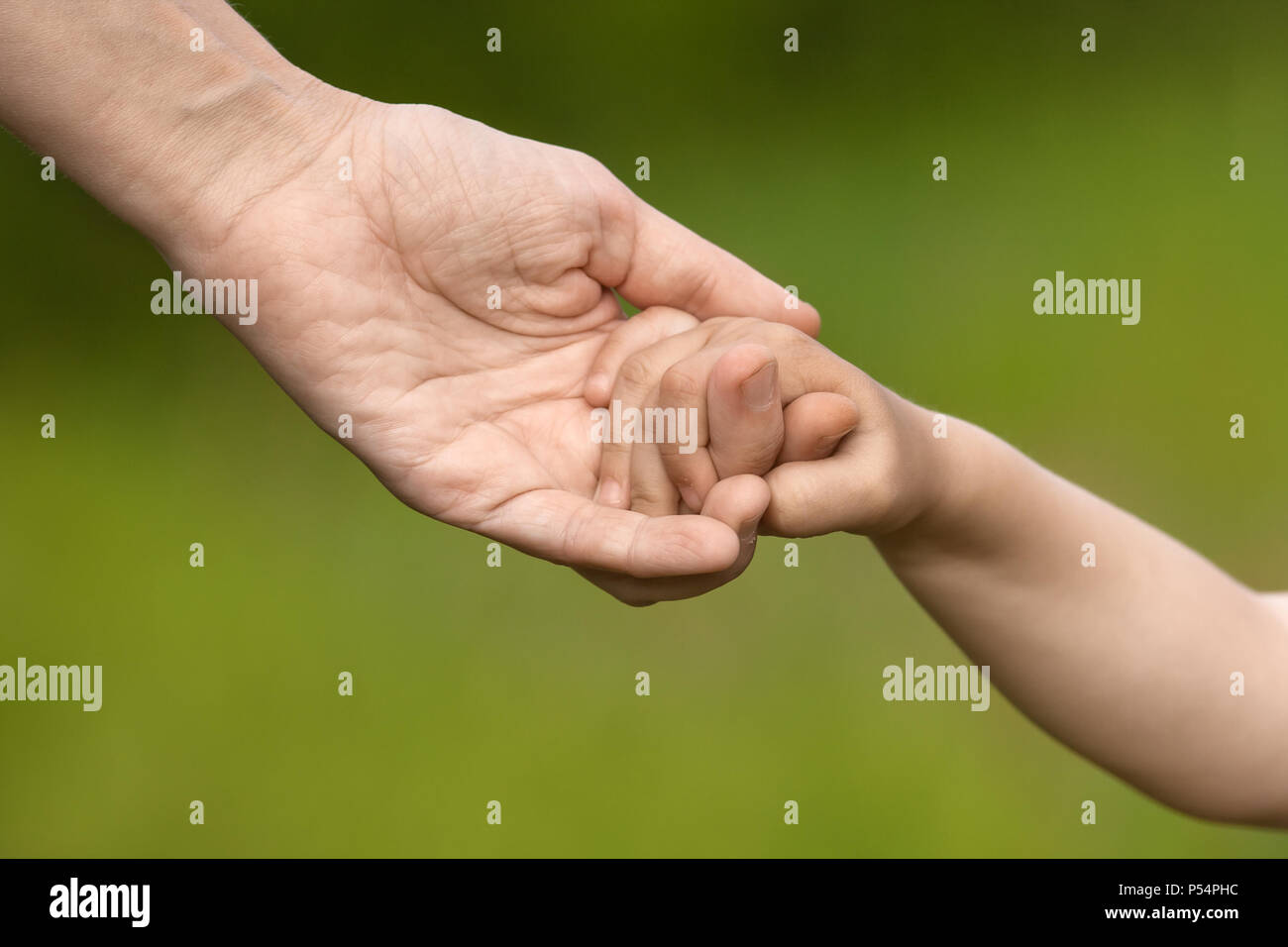 Madre tenendo la mano della figlia su sfondo sfocato, primo piano Foto Stock