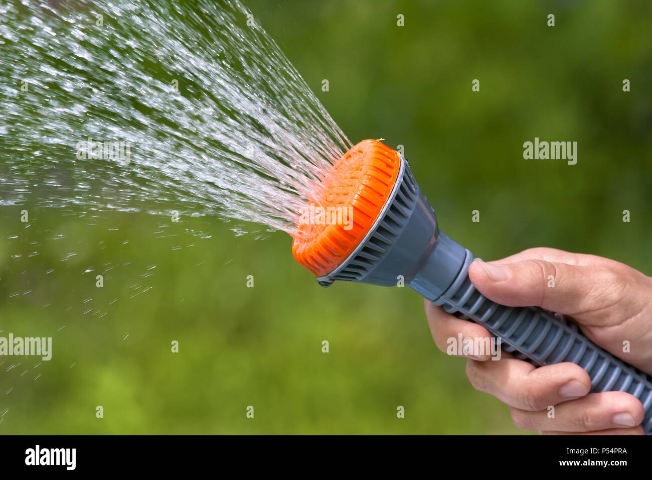 Lato giardino di irrigazione con sprinkler su sfondo sfocato, primo piano Foto Stock