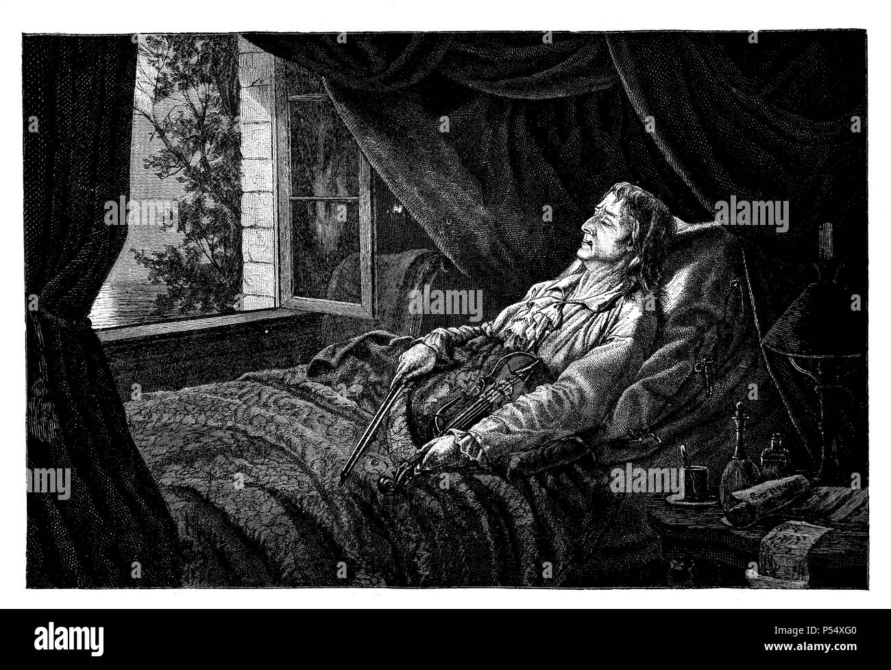 Muerte de Niccolò Paganini Bocciardo (1782-1840) en Niza. Violinista, y guitarrista compositore italiano. Grabado de 1889. Foto Stock