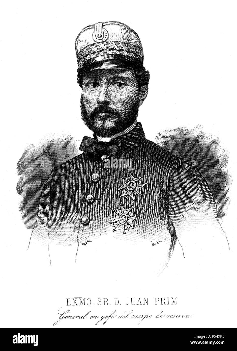 Personajes. Il generale Juan Prim y Prats (Reus, 1814-Madrid, 1870), Conde Reus. Militar y político progresista español. General en Jefe del Cuerpo de reserva del'(Ejército. Guerra de África. Grabado de 1860. Foto Stock