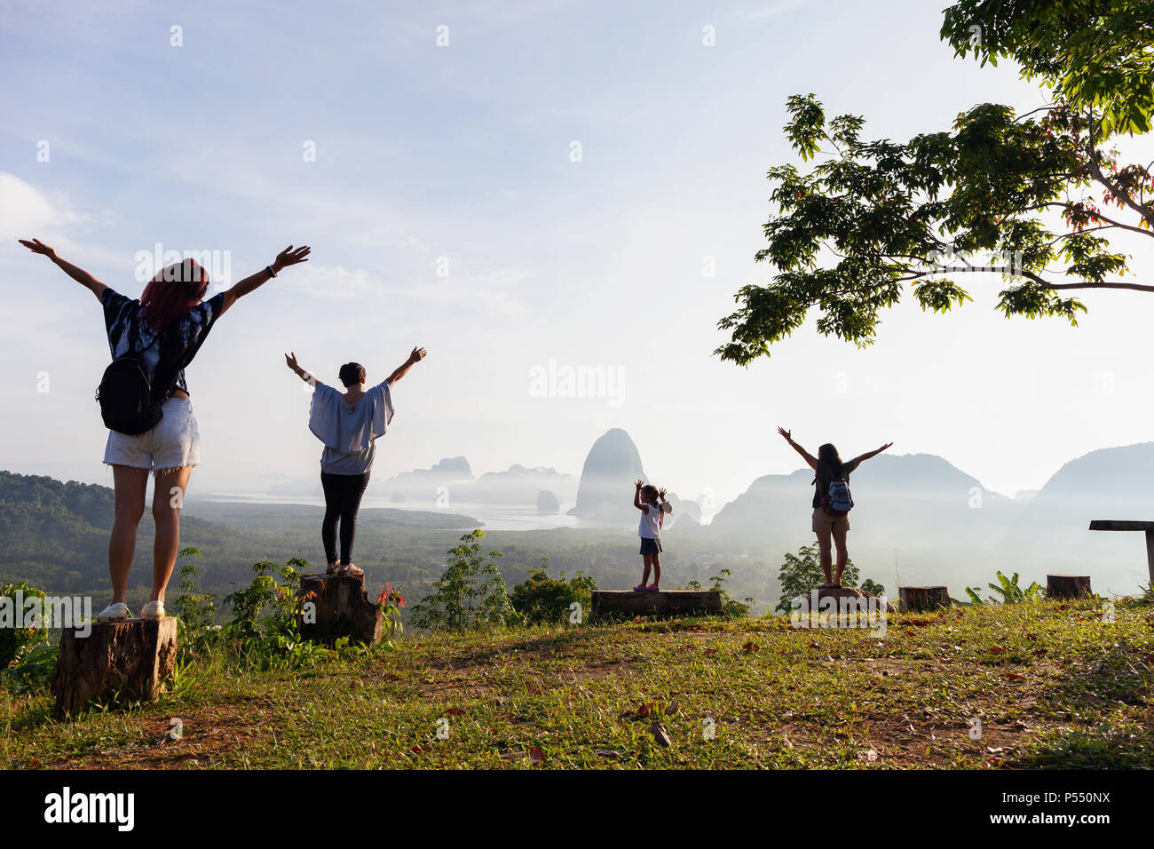 Popoli di viaggio in piedi sul legno tenendo la sua mano e a vedere la vista orizzontale a samet nangshe Phang nga thailandia Foto Stock