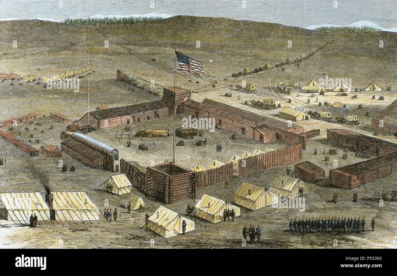 HISTORIA DEL OESTE americano. Siglo XIX. CAMPAMENTO DE PROVISIONES en el Territorio Indio, duranti la época de Indias quelli di guerra. El Fuerte estaba emplazado en la bifurcación norte del río Canadá. Coloreado Grabado del S. XIX. Foto Stock