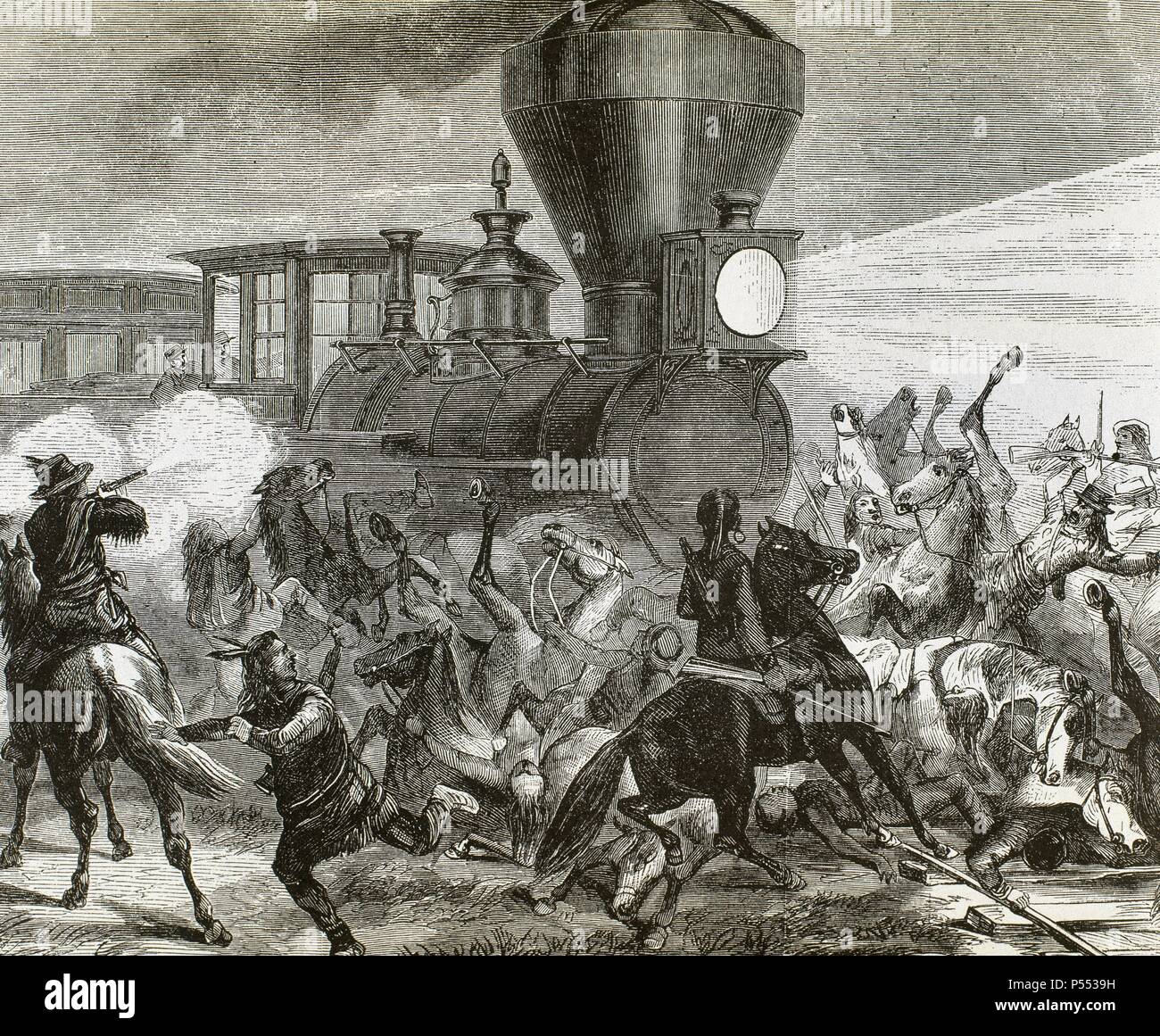 HISTORIA DEL OESTE americano. Siglo XIX. Tren de la UNION PACIFIC atacado por los indios el 14 de junio de 1870, Onu año después que la linea transcontinental fuera finalizada. Grabado del diario ilustrado de FRANK LESLIE del 9 de julio de 1870. Foto Stock