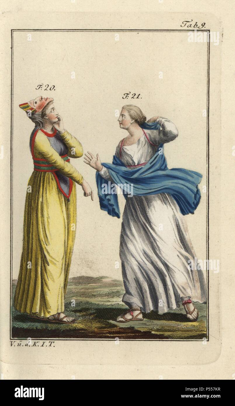 Melpomene :, musa della tragedia, indossando un greco strophium (BRA) e la maschera e una figlia di Niobe. Handcolored incisione su rame da Robert von Spalart 'quadro storico dei costumi del popolo principale dell'antichità e del Medioevo" (1796). Foto Stock