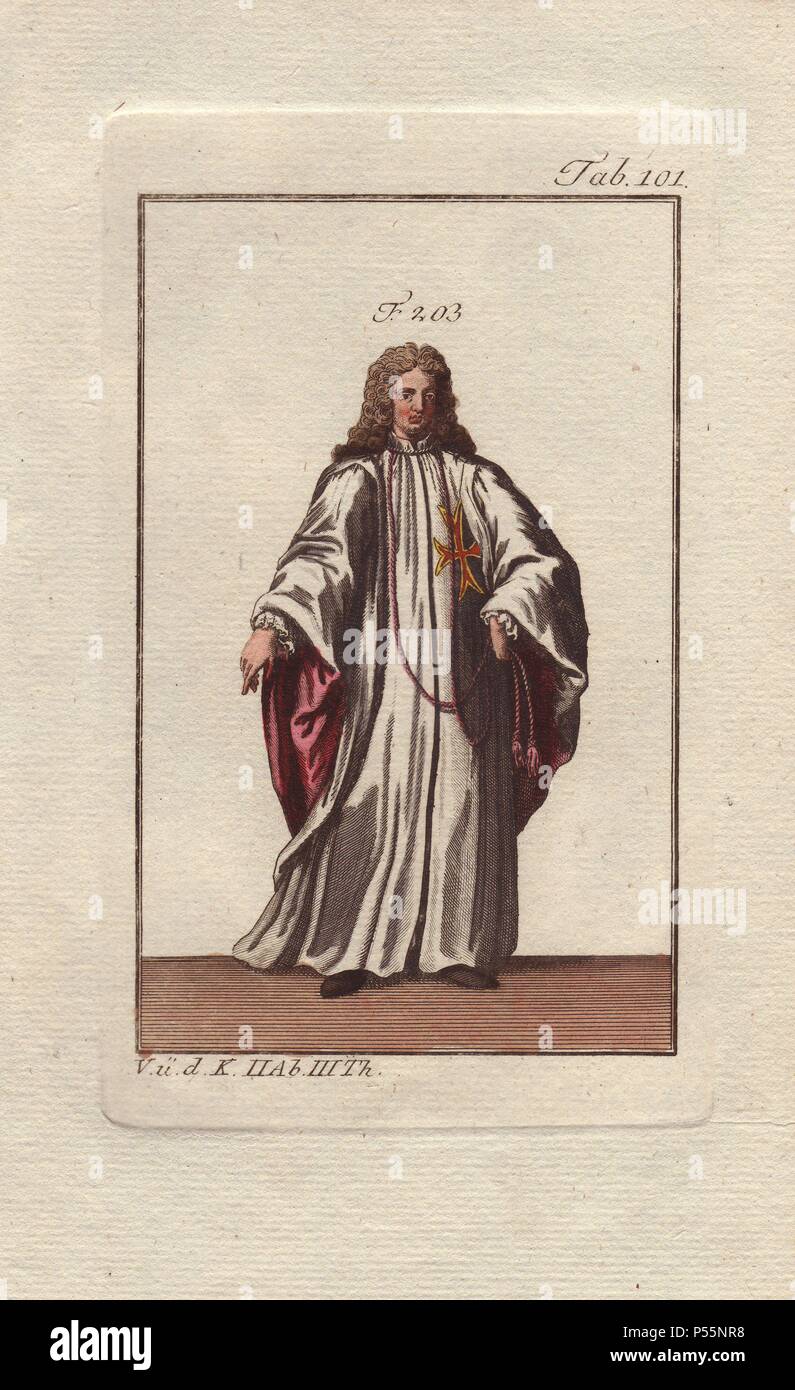 L'Ordine di Santo Stefano fu un dynastic-militare ordine fondato nel 1561 da Cosimo de' Medici, primo Duca di Toscana. Esso ha avuto la sua casa principale a Pisa ed era stato obbligato a dotare di un certo numero di cucine per la lotta contro i Turchi e i pirati nel Mar Mediterraneo. . Handcolored incisione su rame di un cavaliere da un religioso ordine militare da Robert von Spalart 'quadro storico dei costumi del popolo principale dell'antichità e del Medioevo" (1796). Foto Stock
