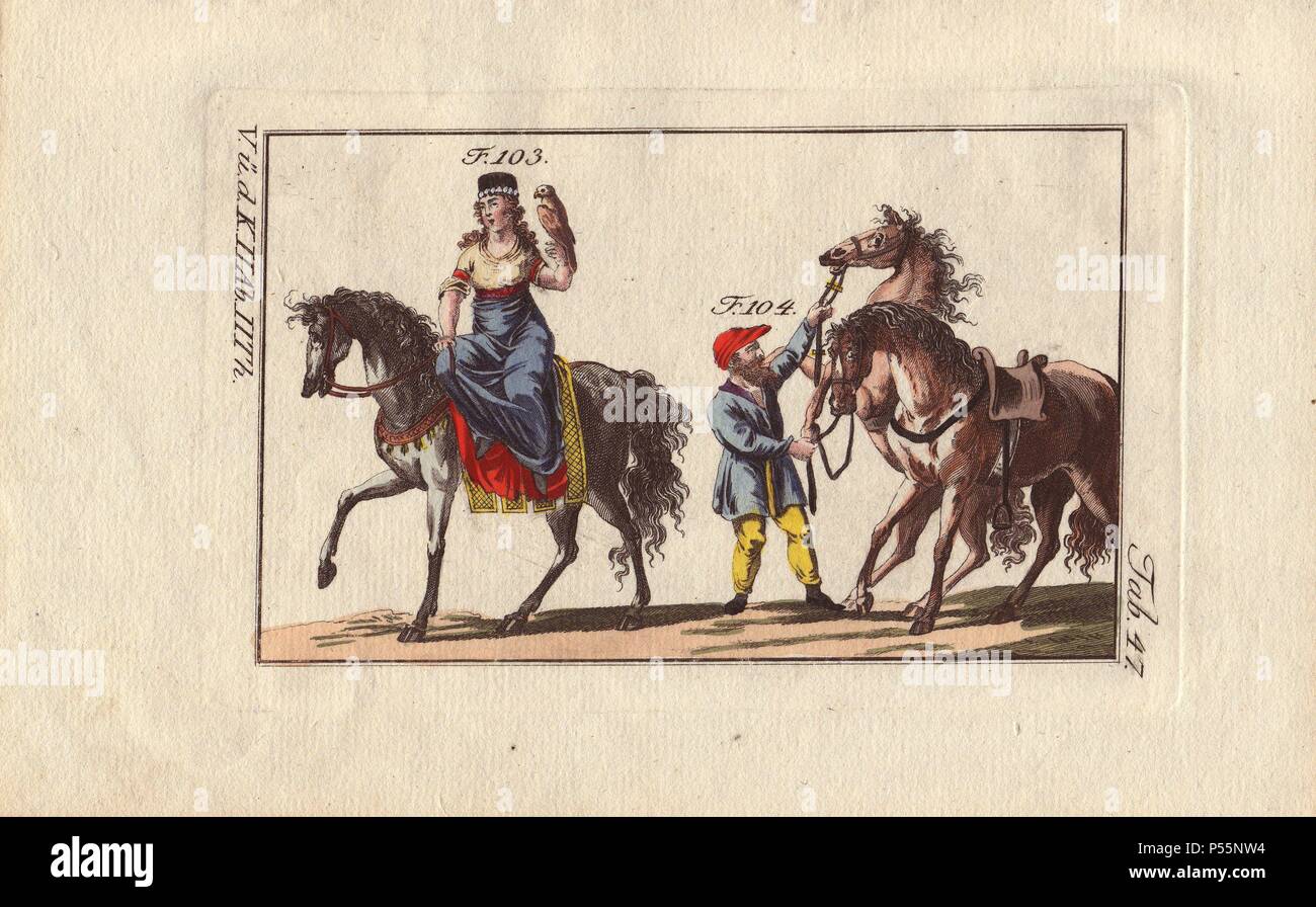 Margaret (o Marguerite), contessa di Flandre (11451194), a cavallo con un falco e il nano Turold manipolazione di due cavalli.. . 'I Franchi cofani era simile a quella indossata da Margaret, contessa di Flandre (103).". . 'Fig. 104 rappresenta il nano Turold, inviato di Guglielmo duca di Normandia. Come nella prima parte di monumenti della monarchia francese dal p. Montfaucon' è copiato da antichi arazzi menzionato prima [l'arazzo di Bayeux]. Egli sembra avere vestiti sotto la sua tuta. Uno che osserva il suo culottes e hat hanno una forma singolare." . . Handcolored incisione su rame da Ro Foto Stock