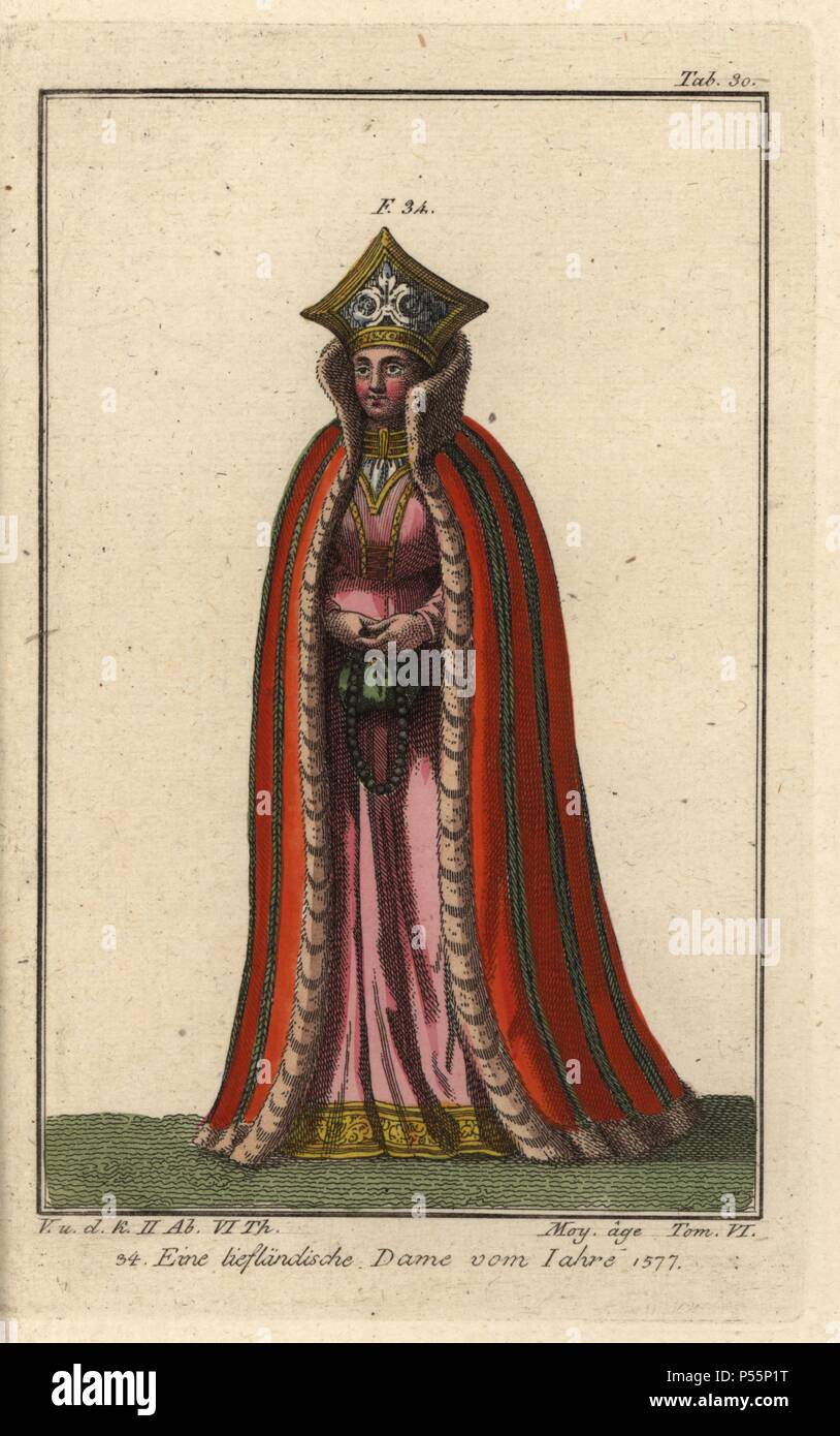 Signora della Livonia, provincia russa, 1577. Handcolored incisione su rame da Robert von Spalart 'quadro storico dei costumi dei popoli dell antichità il Medioevo e la Nuova Era", scritto da Leopoldo Ziegelhauser, Vienna, 1837. Foto Stock