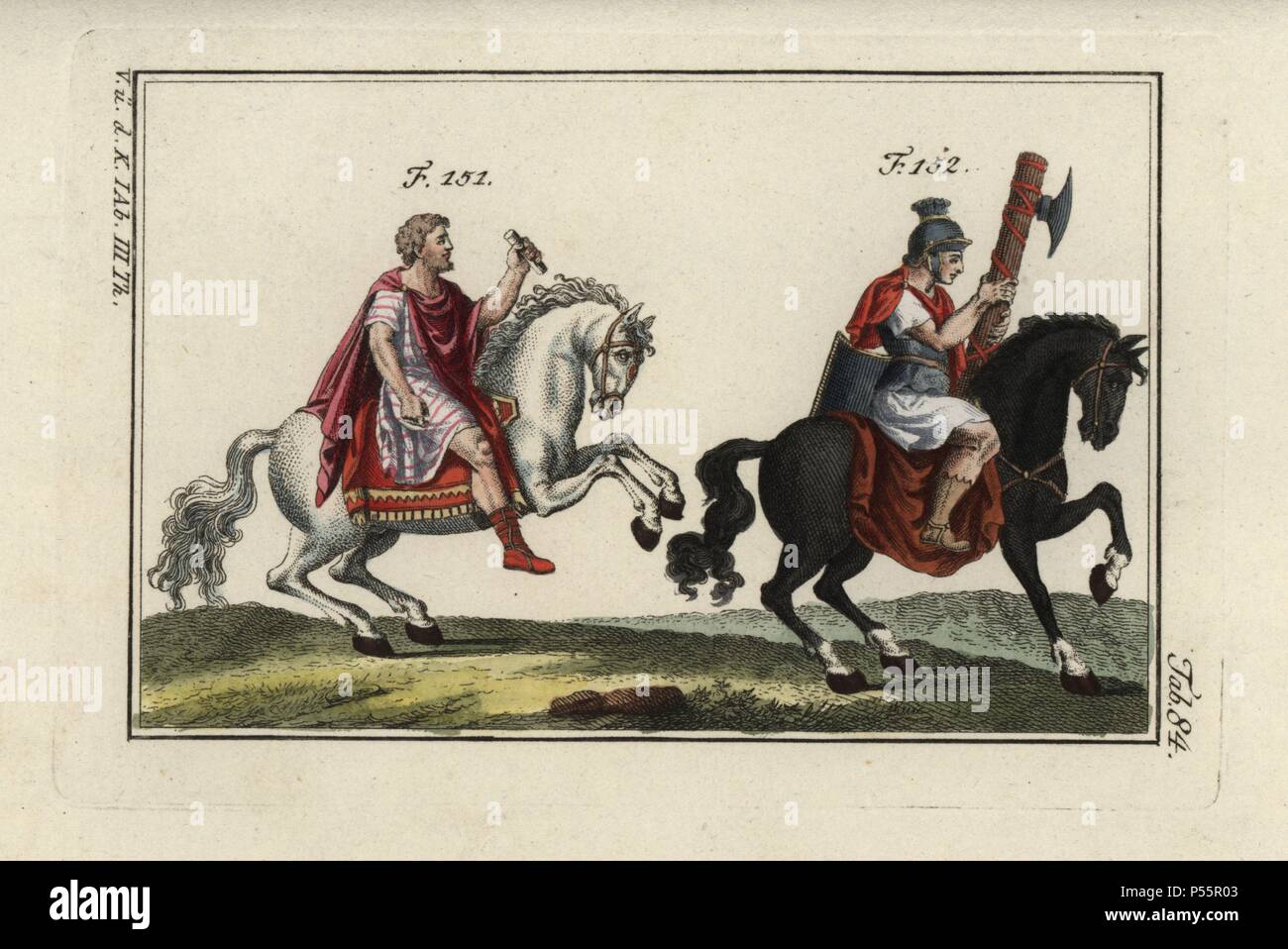 L'imperatore Marco Aurelio a cavallo e un Lictor montato con fasces (hatchet). Handcolored incisione su rame da Robert von Spalart 'quadro storico dei costumi del popolo principale dell'antichità e del Medioevo" (1798). Foto Stock