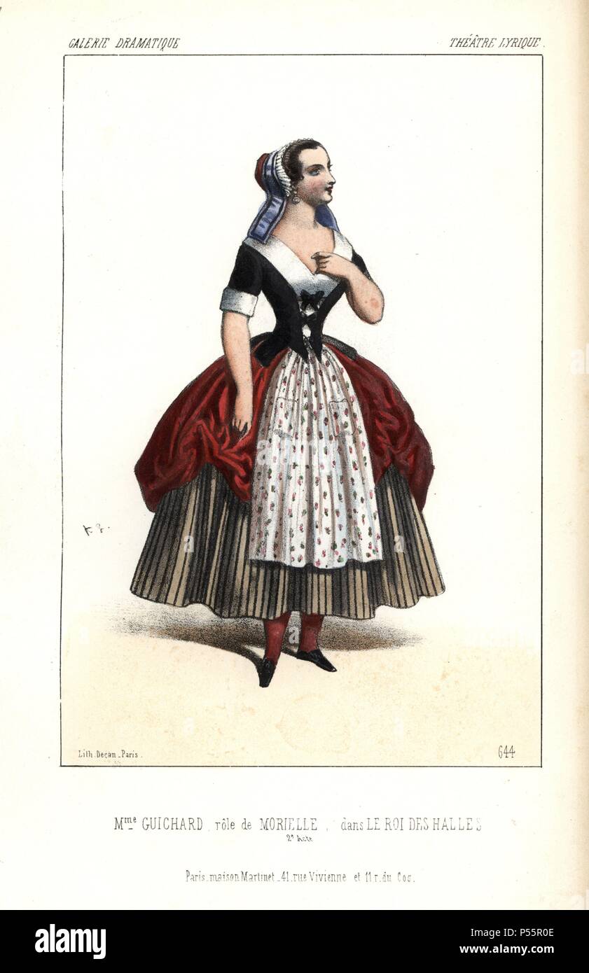 Mme. Guichard come Morielle in "Le Roi des Halles' presso il Teatro Lyrique. Litografia Handcolored da Alexandre Lacauchie da 'Galerie Dramatique: costumi des teatri de Paris" 1853. Foto Stock