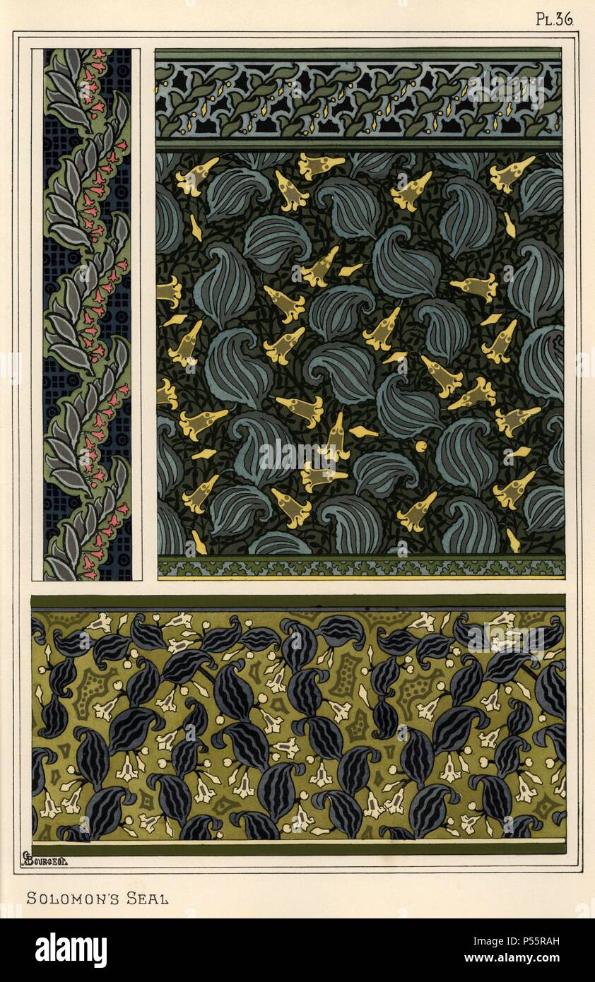 Salomone sigillo, Polygonatum multiflorum, come motivo di design in carta da parati, confini e tessuto. Litografia da G. Bourgeol con pochoir (stencil) handcoloring da Eugene Grasset "Piante e la loro applicazione per ornamento", Parigi, 1897. Grasset (1841-1917) è stato un artista svizzero il cui design innovativo ispirato "art nouveau" il movimento alla fine del XIX secolo. Foto Stock