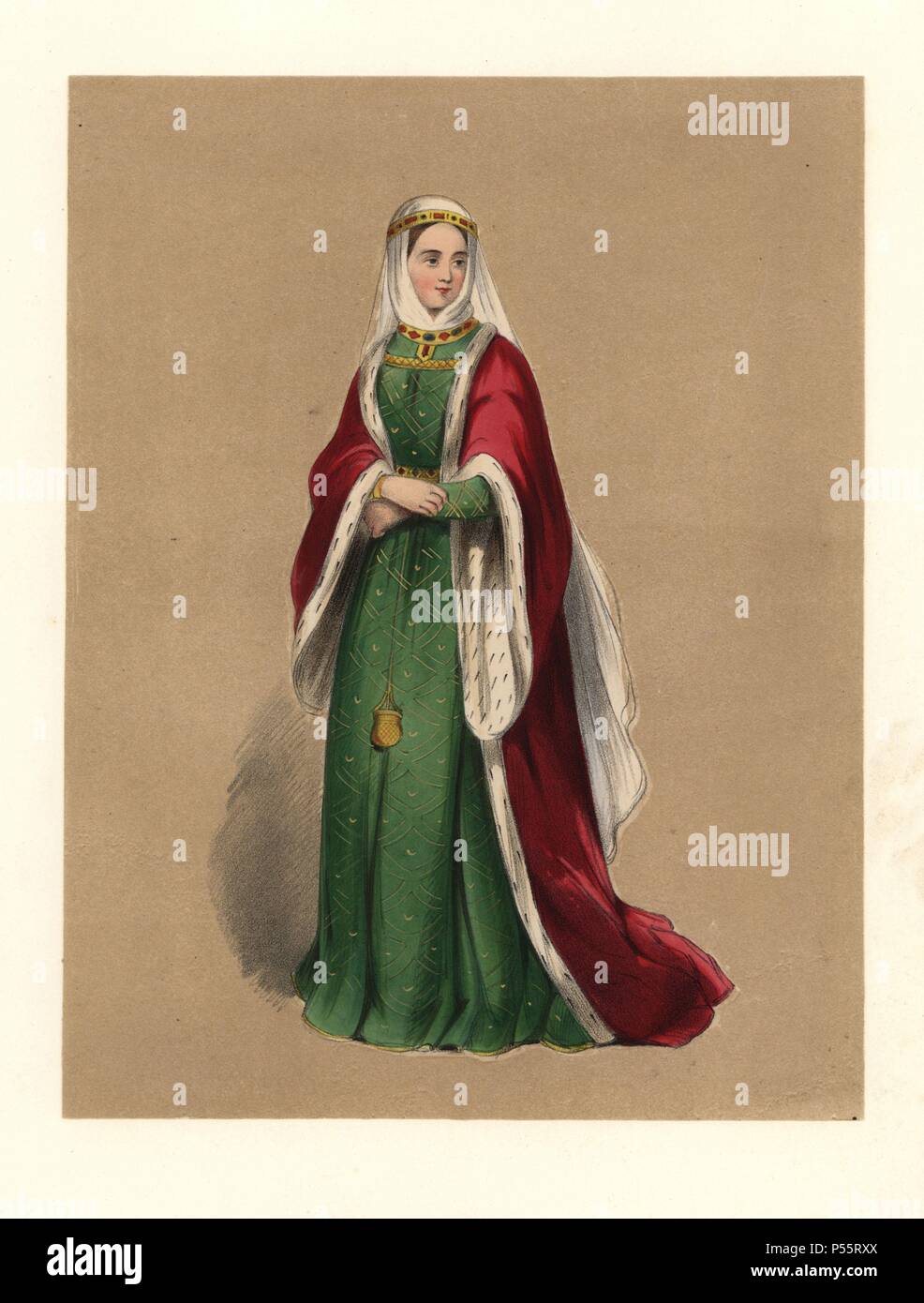 Abito del regno di Re Enrico II, Curtmantle, 11541189. Rosso lungo  ermellino rivestita di manto sopra lungo abito verde, bianco velo e wimple.  Sulla base di un'effigie della regina Eleanora in Fontevraud