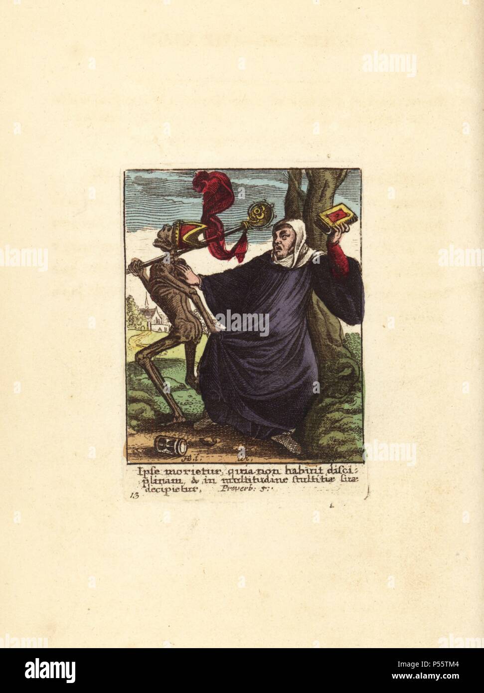 Scheletro di morte con mitra e crozier tirando un abate dalle sue vesti. Copperplate Handcolored incisione di Wenceslaus Hollar dalla danza della morte di Hans Holbein, Coxhead, Londra, 1816. Foto Stock