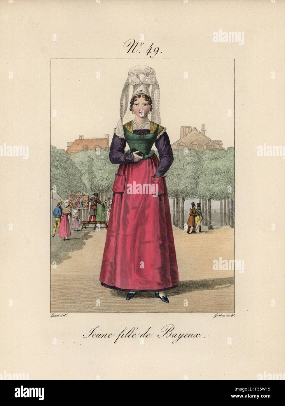 Giovane donna di Bayeux. Molte cose da notare: l'ampia separazione nei capelli, gli angoli delle code, il cartellino verde sopra il grembiule rosa. Lo sfondo rappresenta la principale passeggiata in città con una famiglia guardando un violinista. Colorate a mano moda illustrazione della piastra da Benoit Pecheux incisi da Gatine da Luigi Lante 'costumi des femmes du Pays de caux, 1827/1885". Con i loro alti pizzo Alsation cappelli, le donne di Caux e Normandia erano famosi per la eleganza e stile. Foto Stock