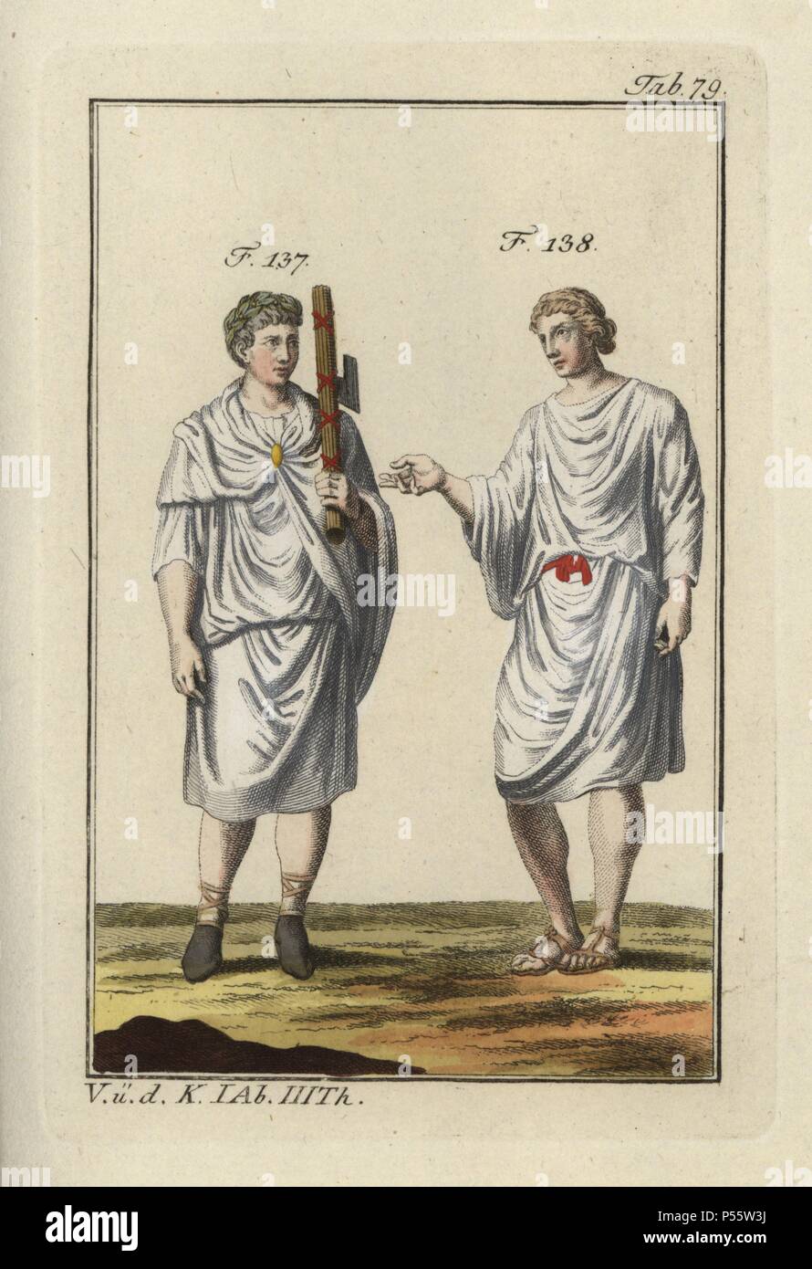 Lictor romano con fasces (hatchet) e un uomo romano in tunica. Handcolored incisione su rame da Robert von Spalart 'quadro storico dei costumi del popolo principale dell'antichità e del Medioevo" (1798). Foto Stock