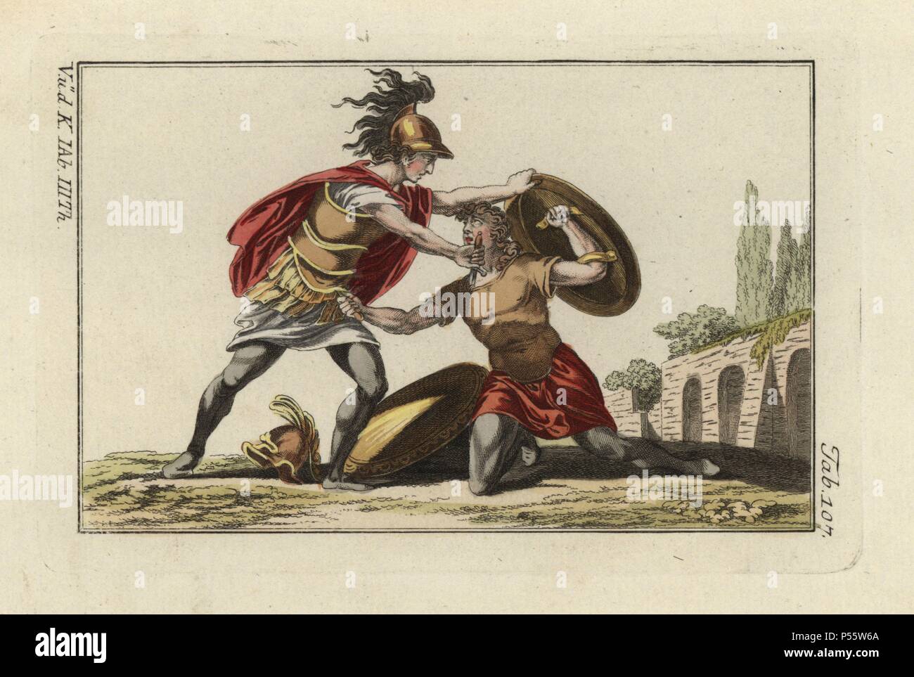 Due guerrieri etruschi in una lotta mortale con pugnali. Handcolored incisione su rame da Robert von Spalart 'quadro storico dei costumi del popolo principale dell'antichità e del Medioevo" (1798). Foto Stock