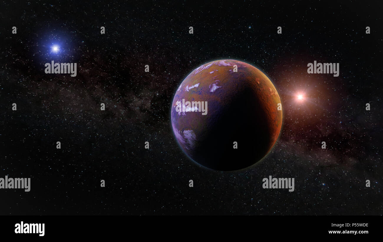 Bella exoplanet, parte di un alieno sistema stellare binario con una Red e Blue star Foto Stock