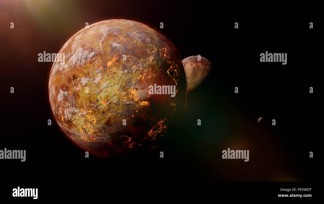 Alien pianeta di lava con luna illuminata da una stella luminosa Foto Stock