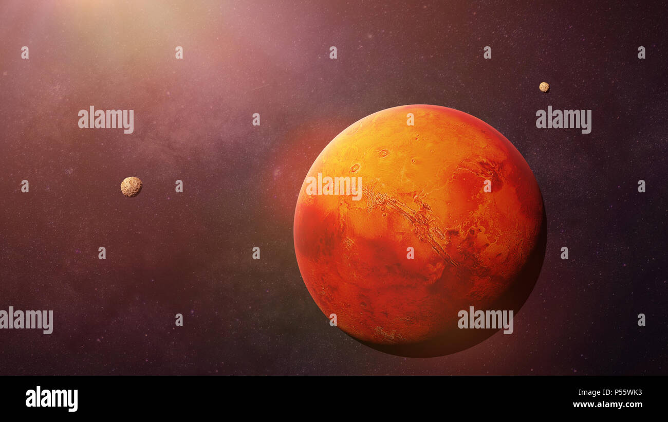 Il pianeta rosso marte con esso lune Phobos e Deimos, parte del sistema solare Foto Stock