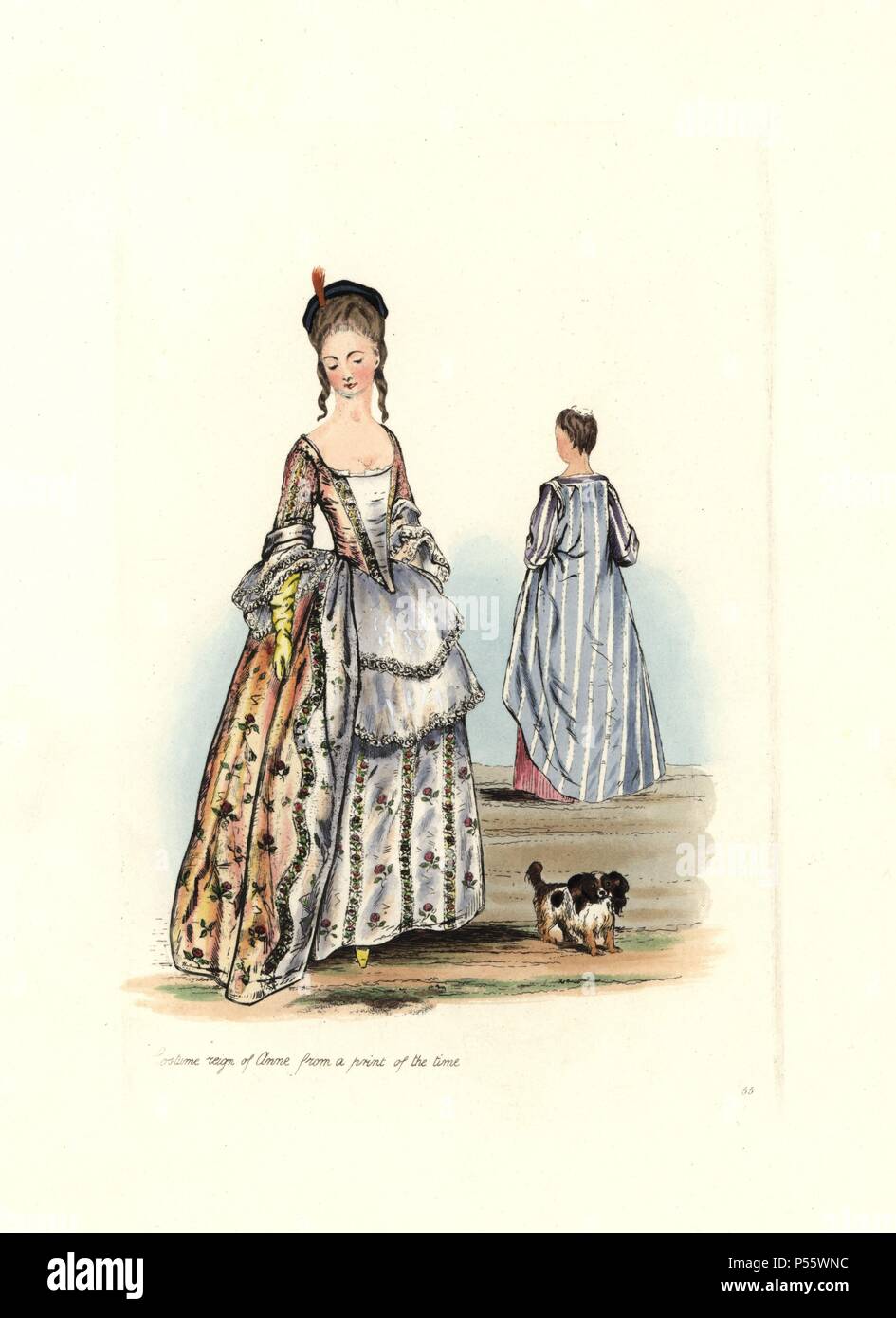 Costume femminile dal tempo della regina Anna (1702-1714), da una stampa contemporanea. Indossa un corpetto stretto con maniche lunghe, abiti lunghi oltre le sottovesti, ell ricamato con rose. Handcolored incisione da "Costume civile di Inghilterra dalla conquista per il presente periodo " disegnato da Charles Martin e inciso da Leopoldo Martin, Londra, Henry Bohn, 1842. I costumi sono stati disegnati da arazzi, monumentale effigi, codici miniati e ritratti. Charles e Leopold Martin erano figli dell'artista romantico e mezzatinta incisore John Martin (1789-1854). Foto Stock