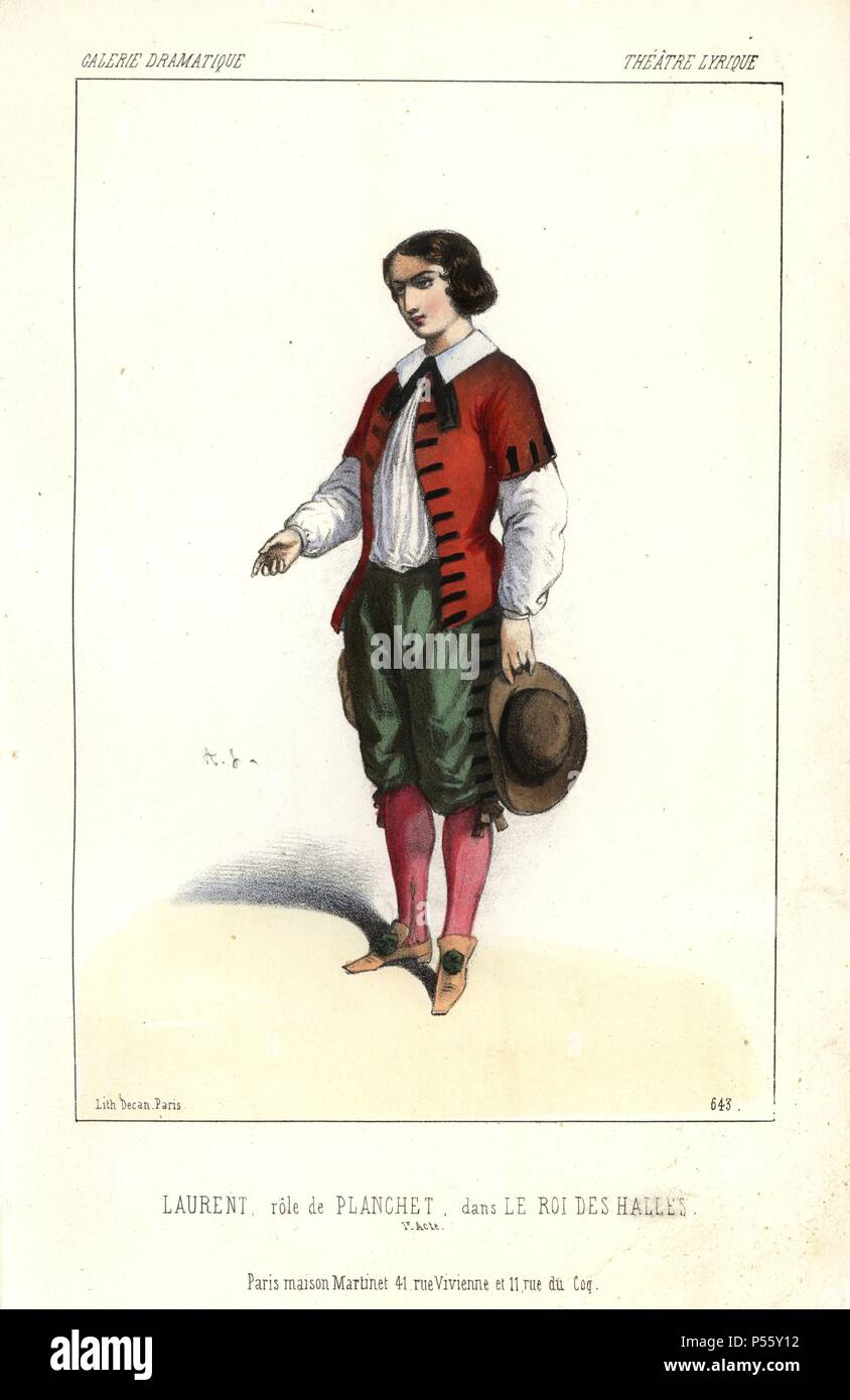 Laurent come Planchet in "Le Roi des Halles' presso il Teatro Lyrique. Litografia Handcolored da Alexandre Lacauchie da 'Galerie Dramatique: costumi des teatri de Paris" 1853. Foto Stock
