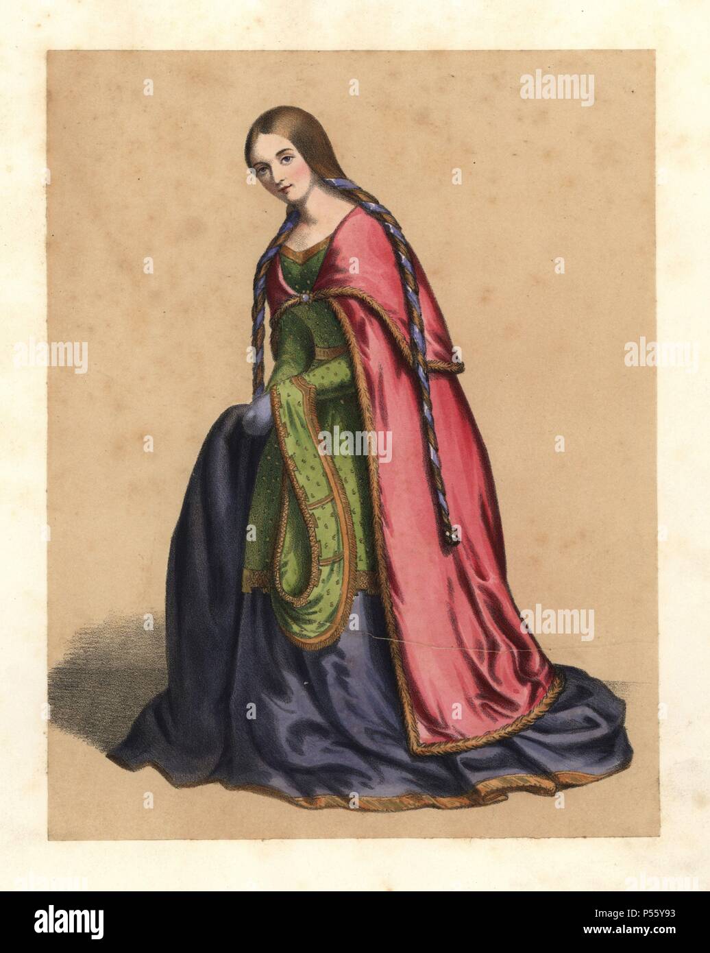 Abito del regno di Re Guglielmo II Rufus, 1087-1100. Indossa una pelliccia rifilati mantello sopra un vestito completo e i suoi capelli lunghi legati in nastri. Manoscritti miniati, MS di cotone nero C.4 e il salterio del XII secolo. Handcolored litografia dal 'costumi di British Ladies dal tempo di Guglielmo il primo per il Regno della Regina Victoria", Londra, Dickinson & Figlio, 1840. 48 montate piastre di moda femminile dal 1066 al 1840 basato sulle effigi, manoscritti, ritratti, le stampe e le descrizioni letterarie. Foto Stock