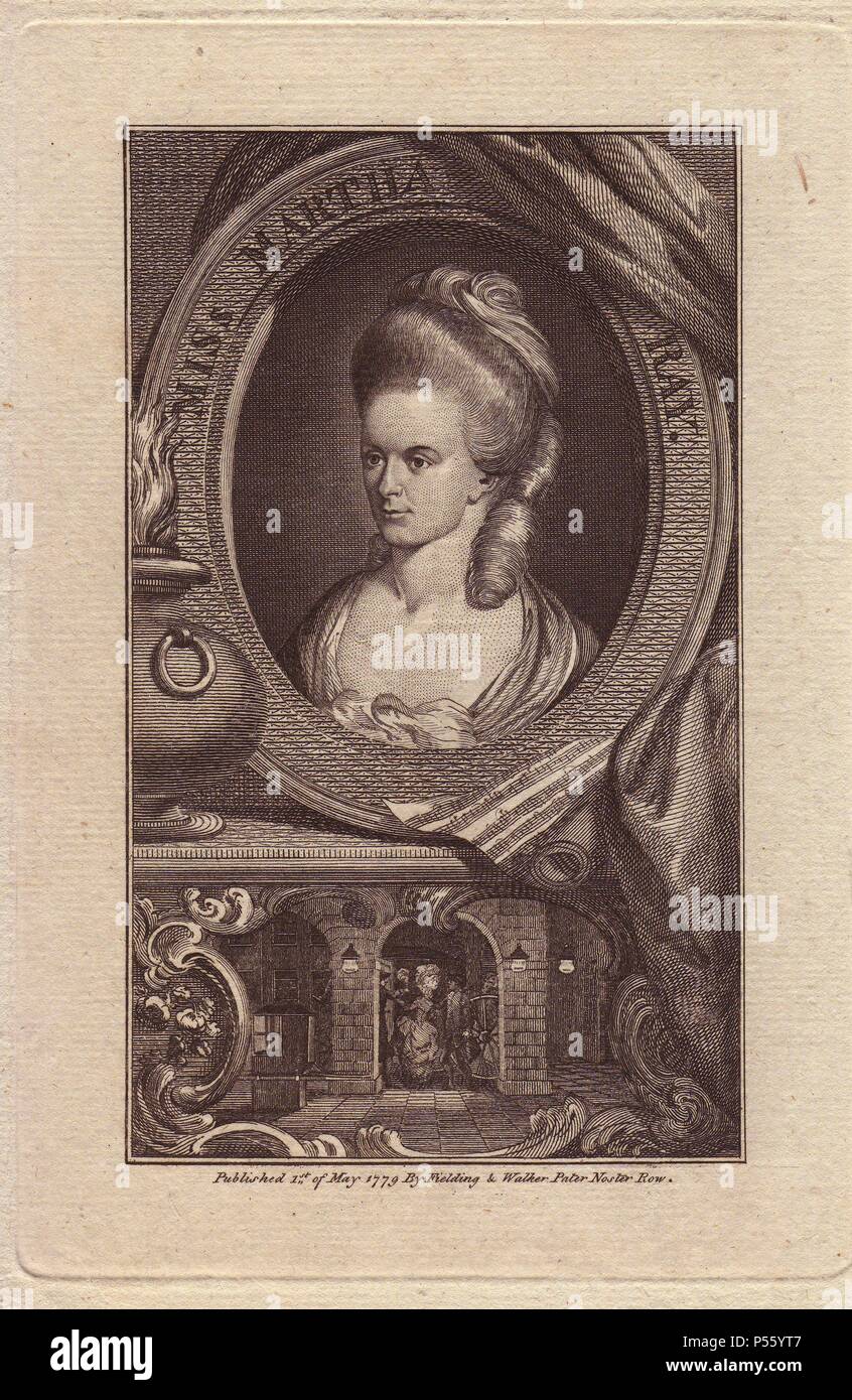 Miss Martha Ray (1742-1779), inglese cantante e attrice, padrona al conte di sandwich. Ritratto dell'attrice entro una decorazione a bordo ovale al di sopra di una vignetta del suo assassinio. Lei è stato colpito alla testa da infatuated ammiratore James Hackman come ella è salito su un pullman a Covent Garden. Incisione su rame pubblicato nel 1779. Foto Stock