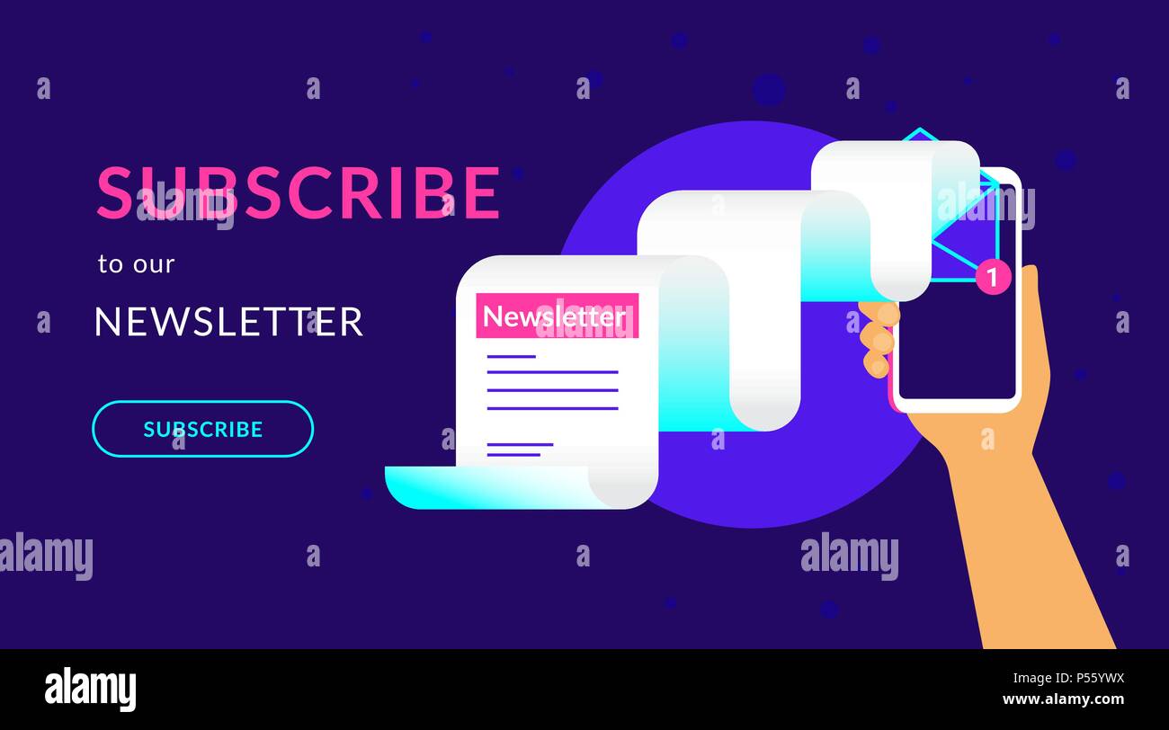 Iscriviti alla nostra newsletter settimanale piatta neon vettore illustrazione per la ui ux progettazione web con testo e pulsante. Mano umana possiede smartphone con newslette Illustrazione Vettoriale