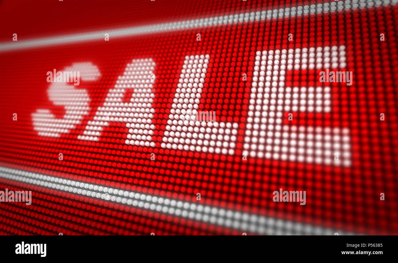 Vendita titolo sul grande display a LED. Messaggio promozionale 3d'illustrazione. Foto Stock