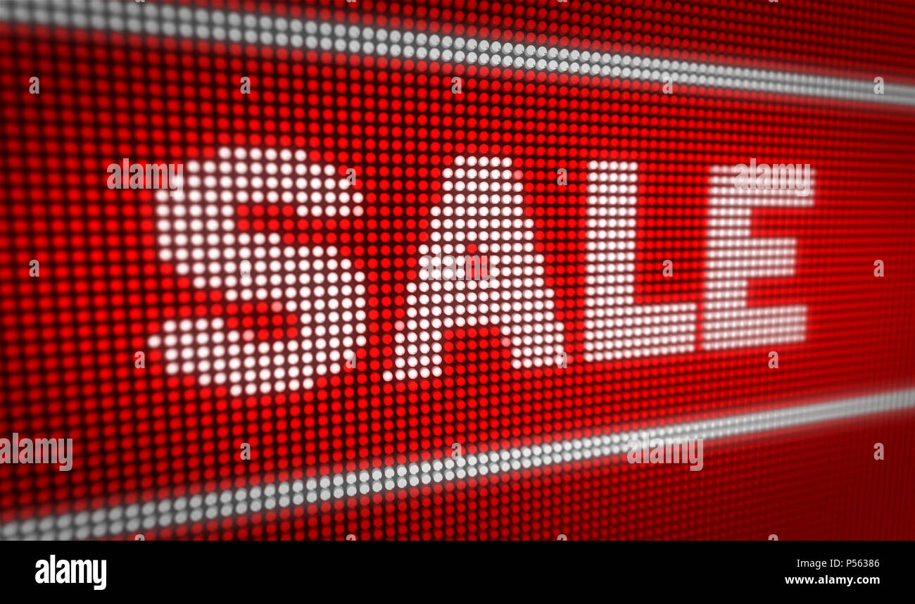 Vendita titolo sul grande display a LED. Messaggio promozionale 3d'illustrazione. Foto Stock