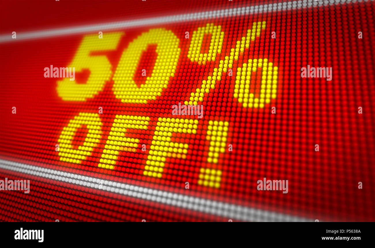 Vendita 50% off titolo sul grande display a LED. Messaggio promozionale 3d'illustrazione. Foto Stock