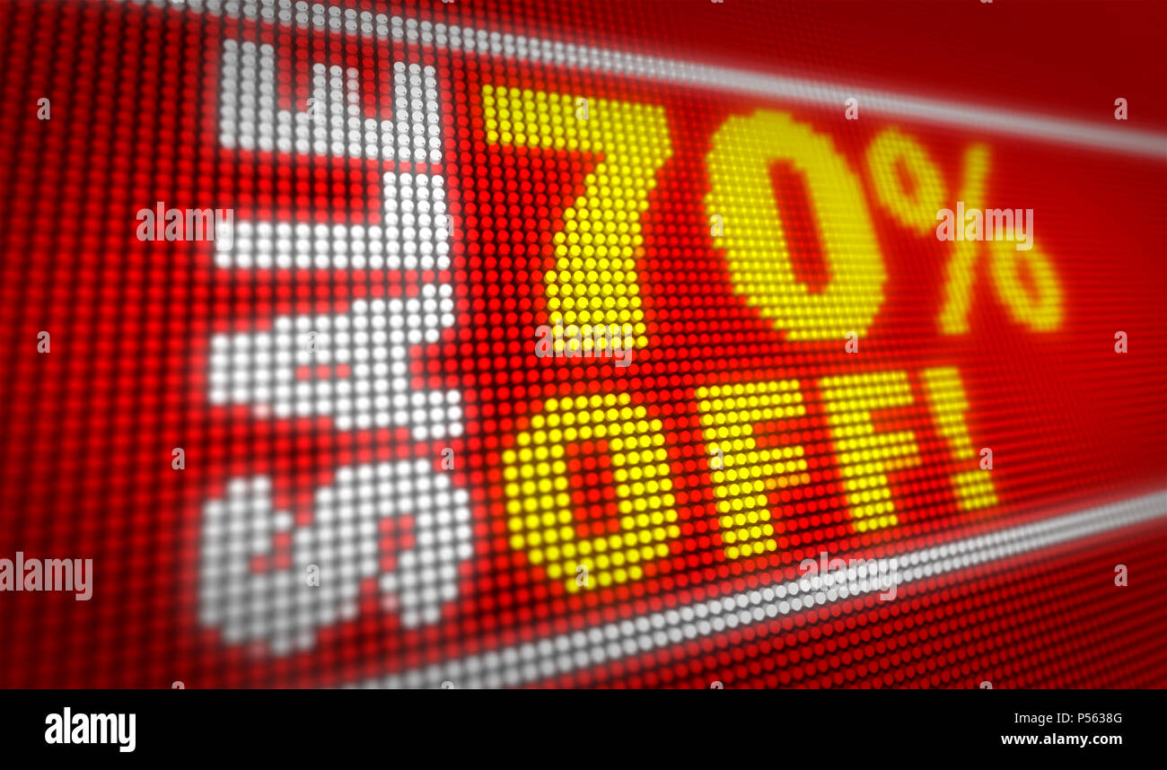 Vendita 70% off titolo sul grande display a LED. Messaggio promozionale 3d'illustrazione. Foto Stock