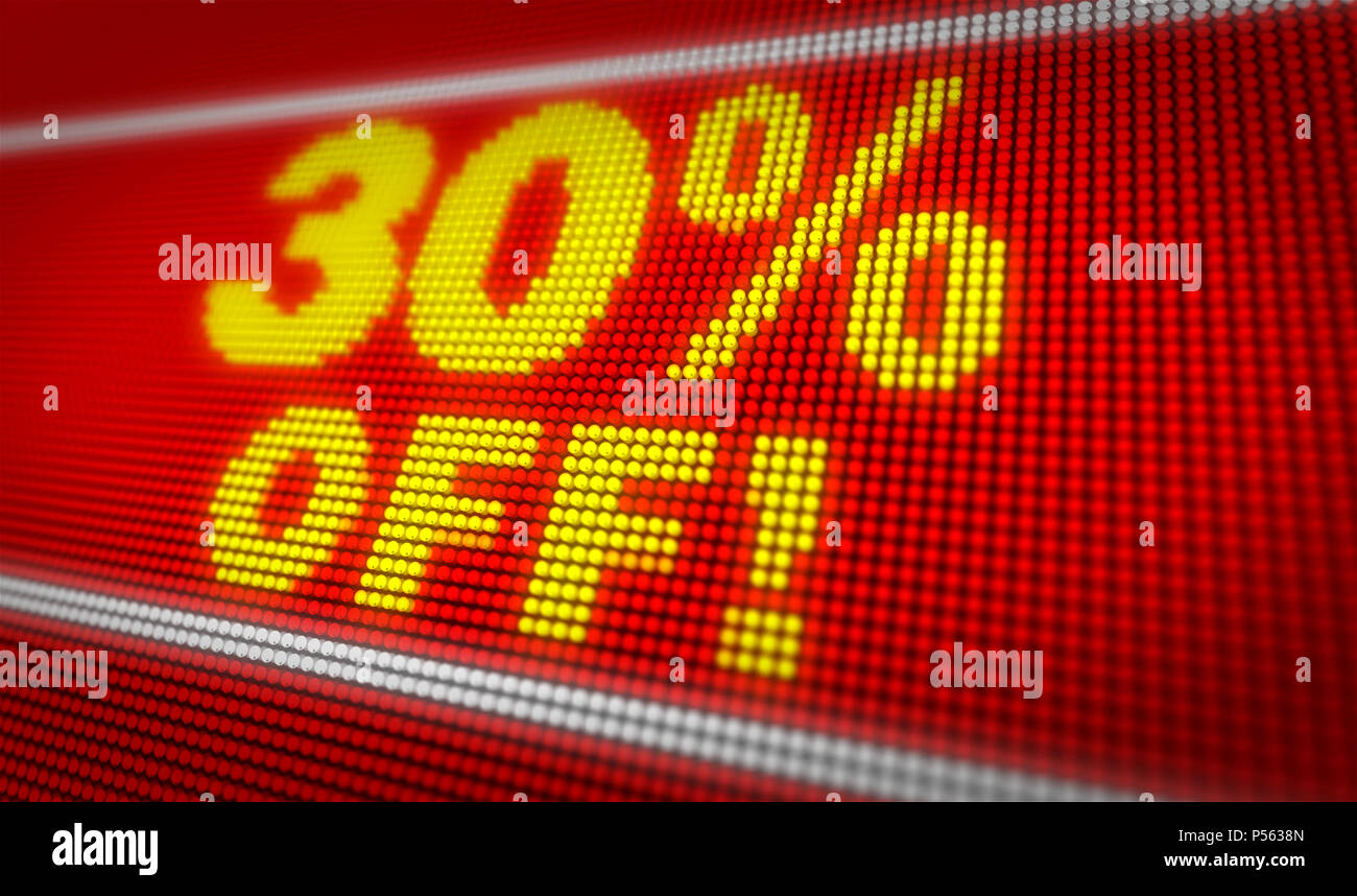 Vendita 30% off titolo sul grande display a LED. Messaggio promozionale 3d'illustrazione. Foto Stock