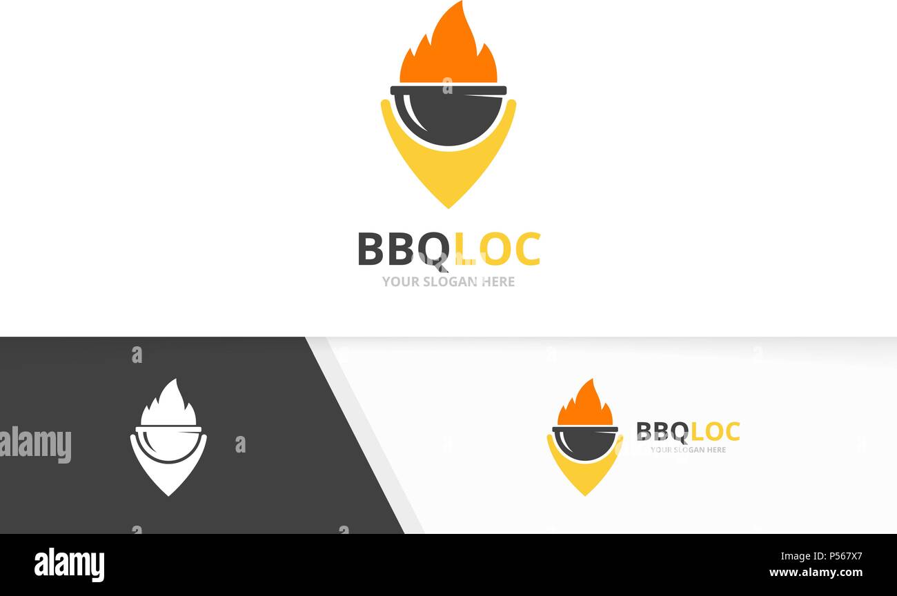 Vector bbq e puntatore mappa combinazione di logo. Grill e il localizzatore GPS di simbolo o icona. Unico barbecue e logotipo pin modello di disegno. Illustrazione Vettoriale