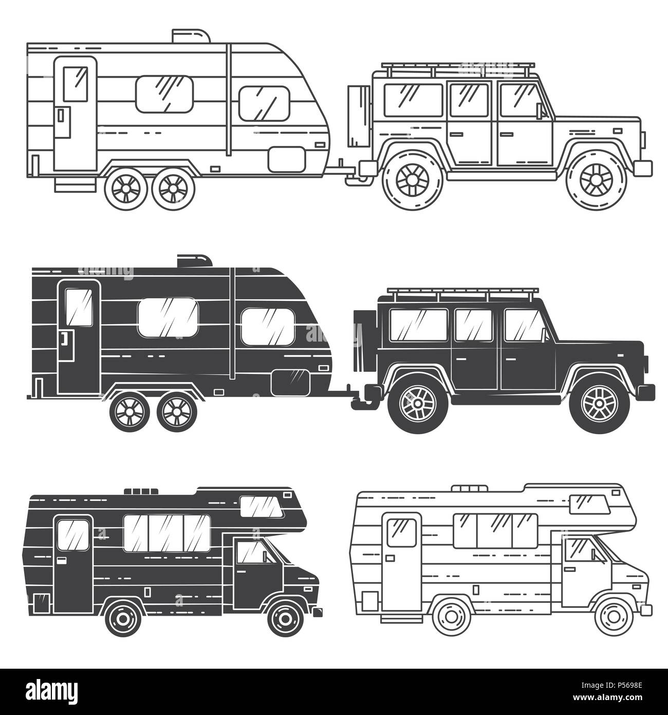 Set di camper icone. Linea sottile icone e silhouette. Illustrazione Vettoriale. Illustrazione Vettoriale