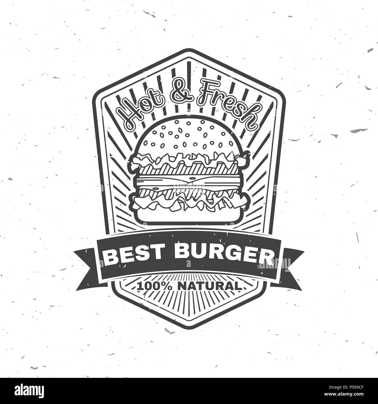 Vintage fast food badge, un banner o un logo emblema. Gli elementi sul tema del fast food business. Illustrazione Vettoriale. Design Burger, adesivo o emblema Illustrazione Vettoriale