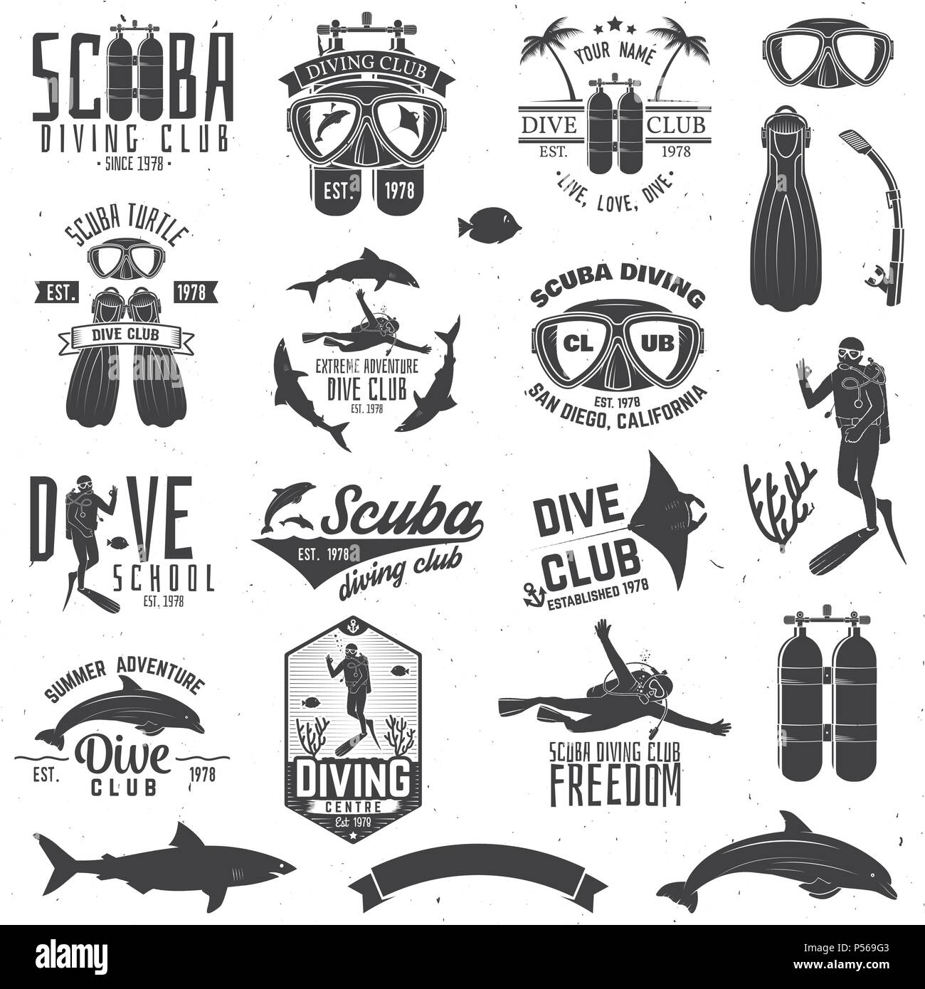 Set di scuba diving club e scuola di immersioni i badge con elementi di design. Illustrazione Vettoriale. Concetto per una camicia o un logo, stampa, timbro o il raccordo a t. Vintage t Illustrazione Vettoriale