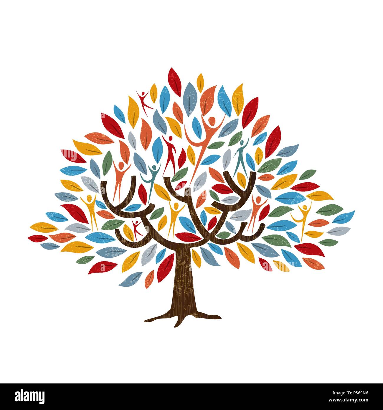 Albero genealogico simbolo con le persone e con le foglie di colore. Concetto illustrazione per la community help, ambiente progetto o la diversità culturale. EPS10 vettore. Illustrazione Vettoriale