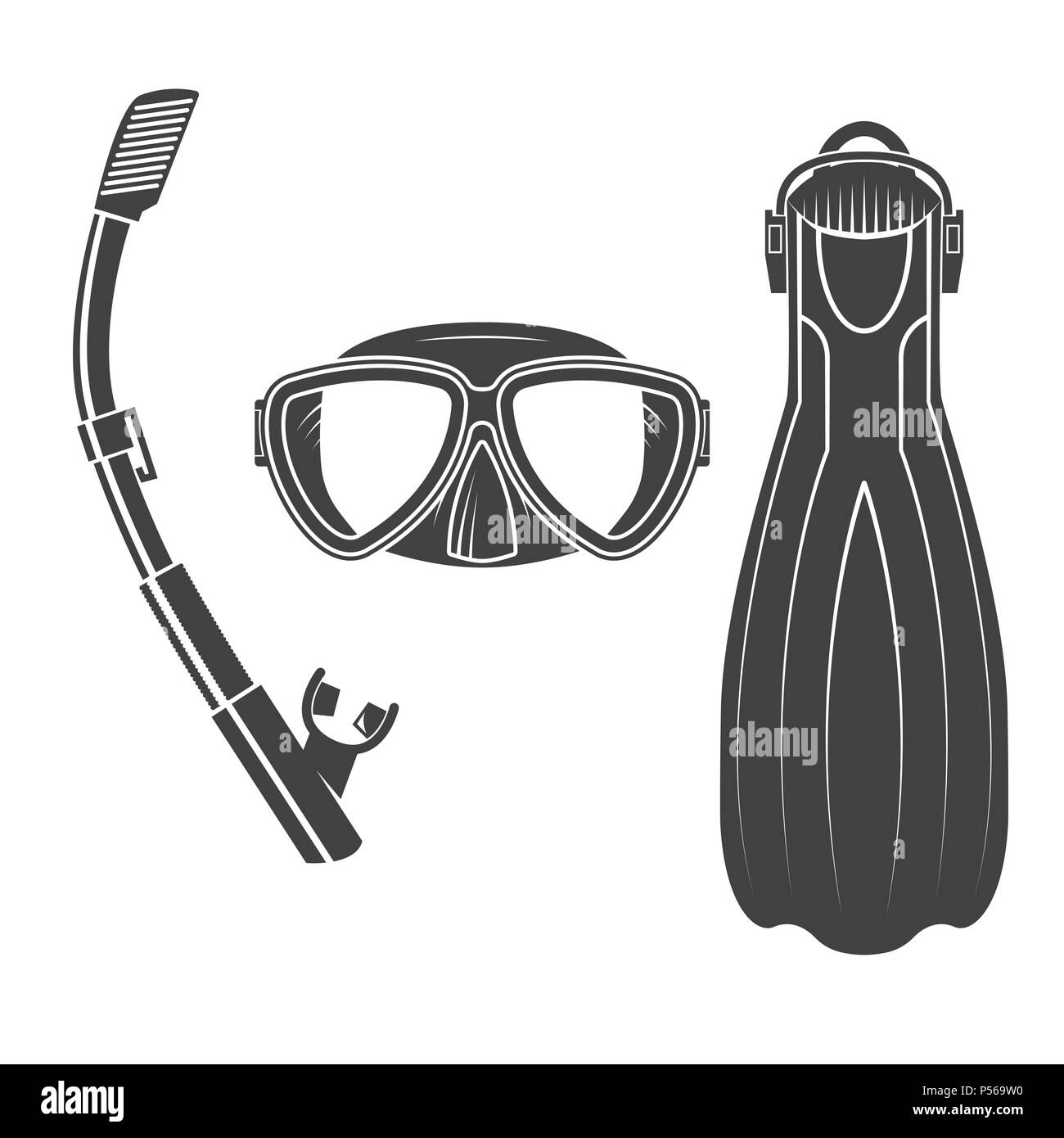 Scuba diving ingranaggio. Illustrazione Vettoriale. Impostare Includi maschera da sub, boccaglio e pinne. Vintage design tipografia con i sub e gli squali silhouette. Elementi Illustrazione Vettoriale