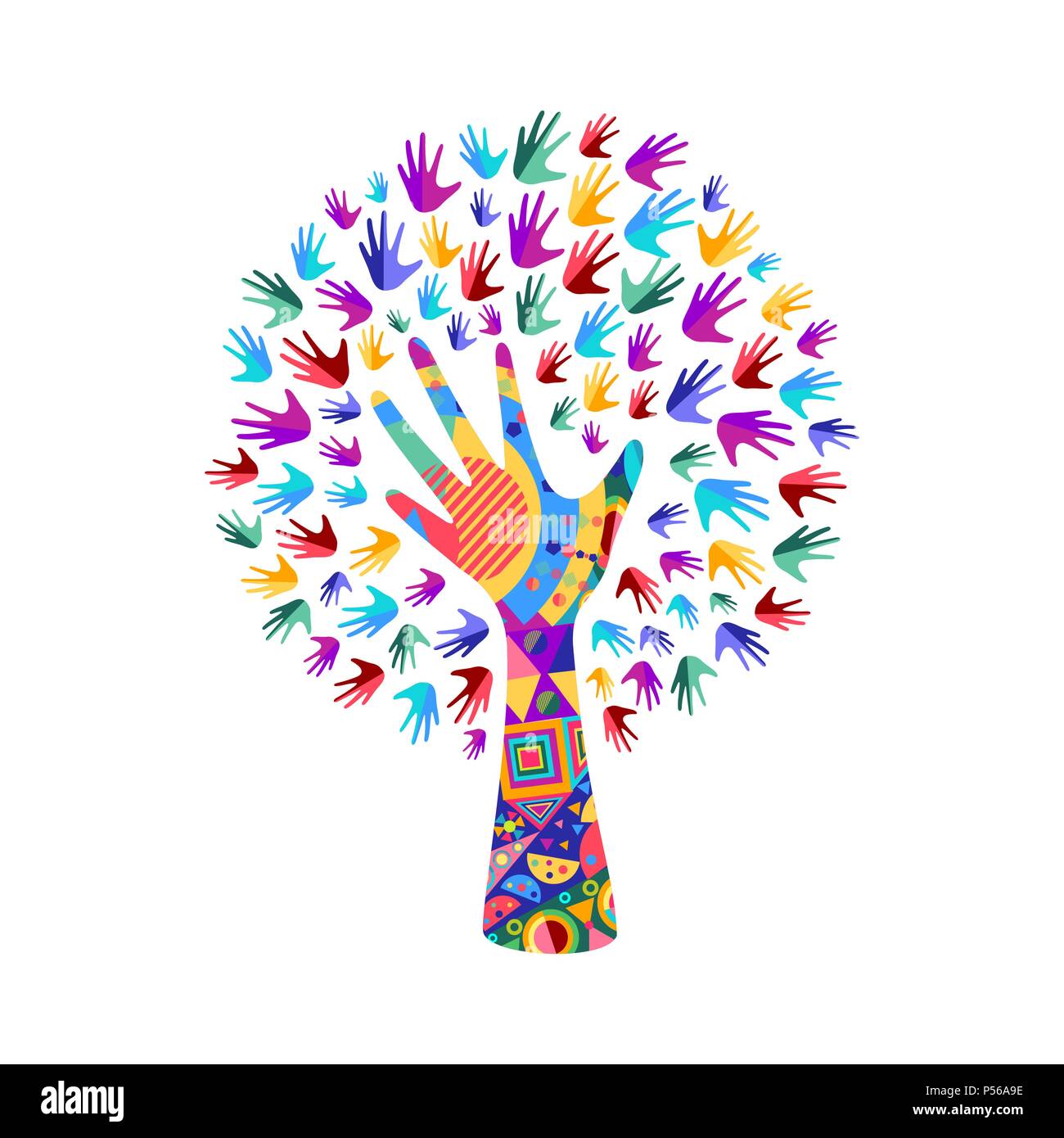 Simbolo di albero con colorati mani umane. Concetto illustrazione per organizzazione aiutano, ambiente progetto o il lavoro sociale. EPS10 vettore. Illustrazione Vettoriale