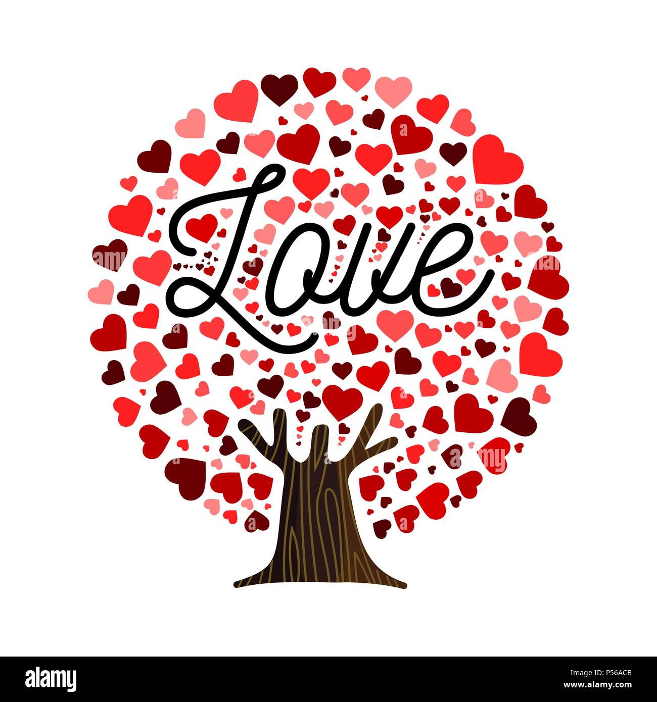 Albero dell'amore arte con forma di cuore foglie. Concetto illustrazione per il giorno di San Valentino o per un romantico biglietto di auguri. EPS10 vettore. Illustrazione Vettoriale