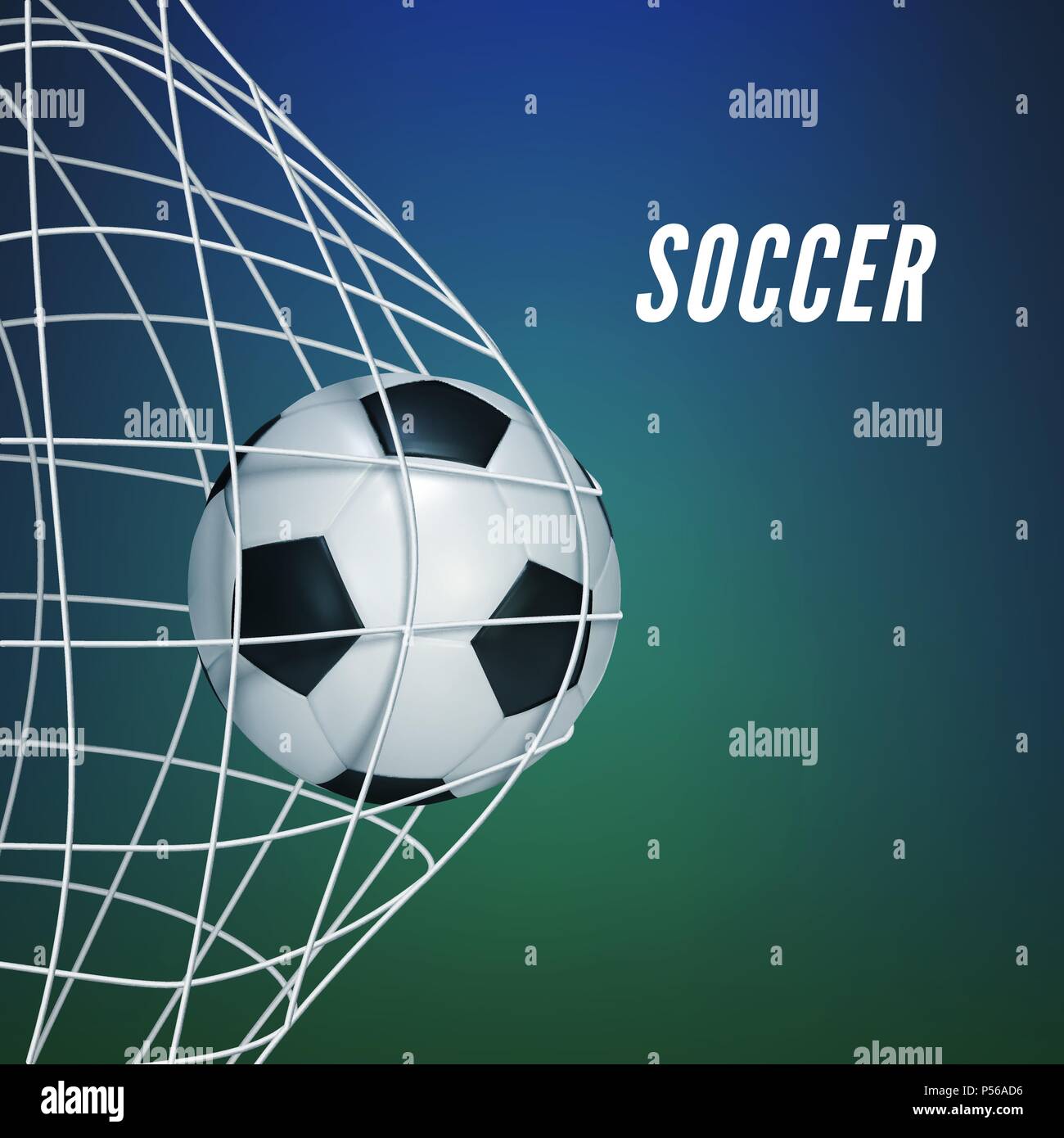 Gioco del calcio match obiettivo momento con palla in rete. Illustrazione di vettore isolato su blur sullo sfondo Illustrazione Vettoriale