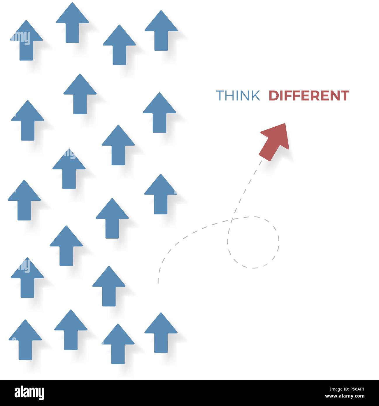 Pensare in modo diverso concetto. freccia rossa spostare un modo diverso da frecce di colore blu. Il concetto di business. Illustrazione di vettore isolato su sfondo bianco Illustrazione Vettoriale